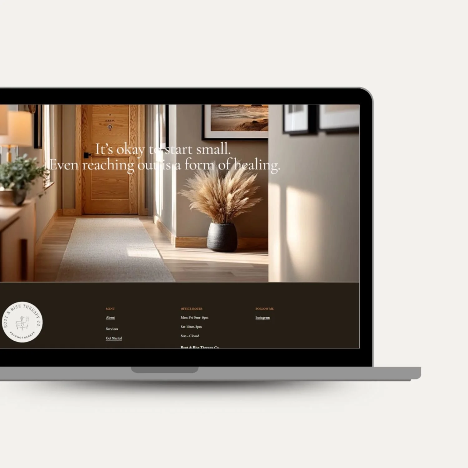 Laptop display of Rogers, a therapist Squarespace website template with calming interior imagery, designed for private practice and mental health professionals.