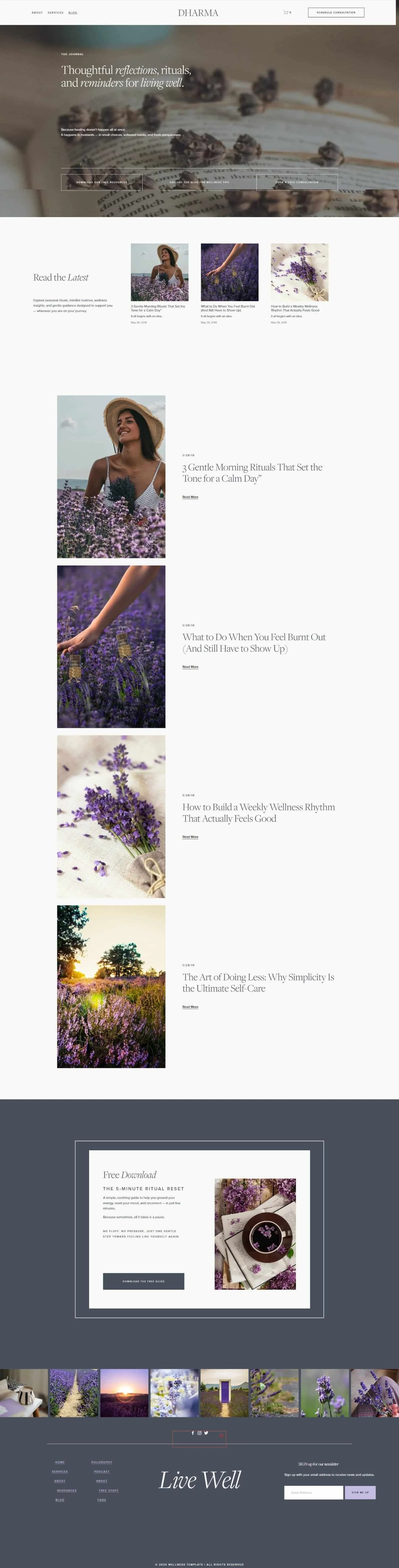 Screenshot of a website homepage featuring content about relaxation, rituals, and living well. The page includes images of lavender fields, a woman in a lavender field, and a promotional section for a free download related to rituals.