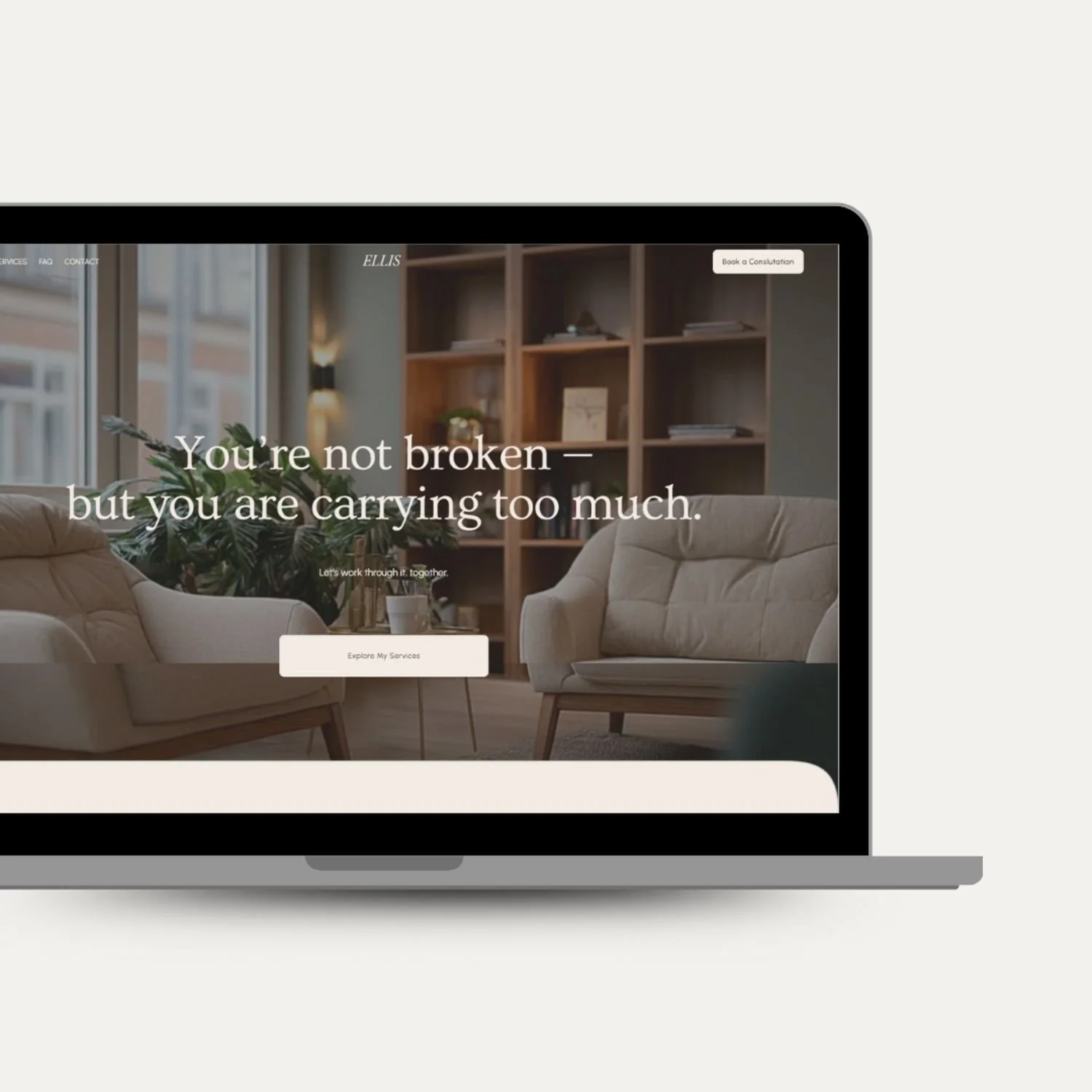 Ellis, a Squarespace website with a cozy living room background, featuring beige armchairs, a wooden bookshelf, and a large window.