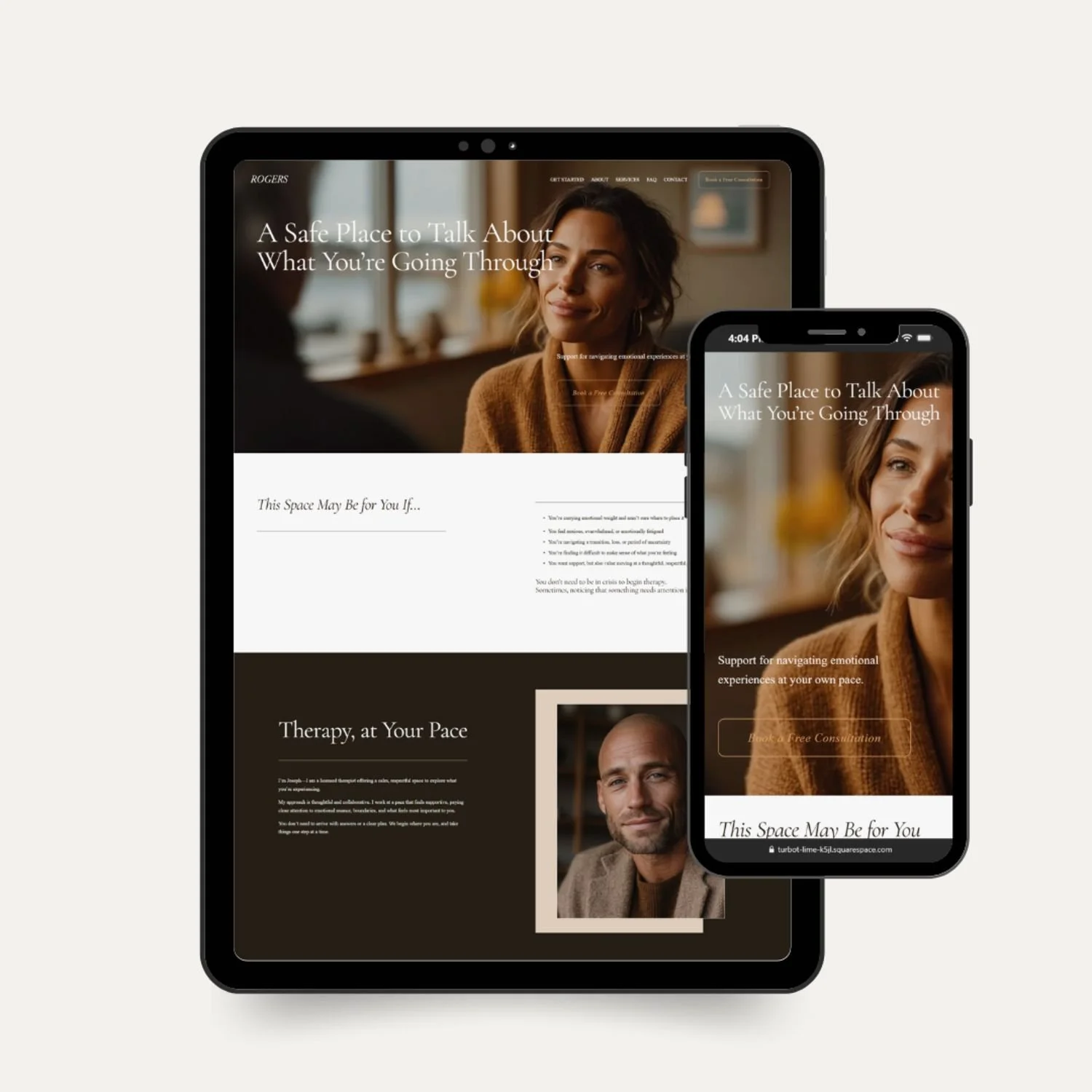 Rogers therapist website template shown on tablet and mobile, a responsive Squarespace design for private practice therapists and mental health professionals.