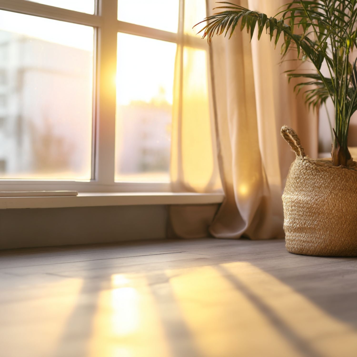 Sunlight coming through a window illuminating a wooden floor and a potted plant near the window with curtains drawn to the side.