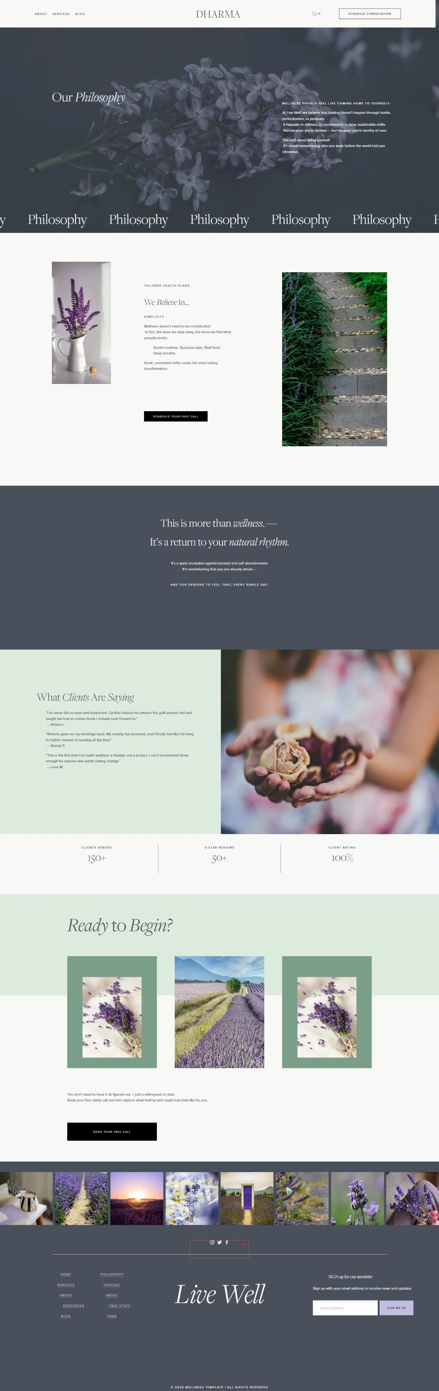 A website homepage with a nature and wellness theme. The banner features a close-up of purple flowers. Sections include philosophy, client testimonials, and images of lavender fields and flowers. The design uses a soft color palette of greens, purples, and grays.