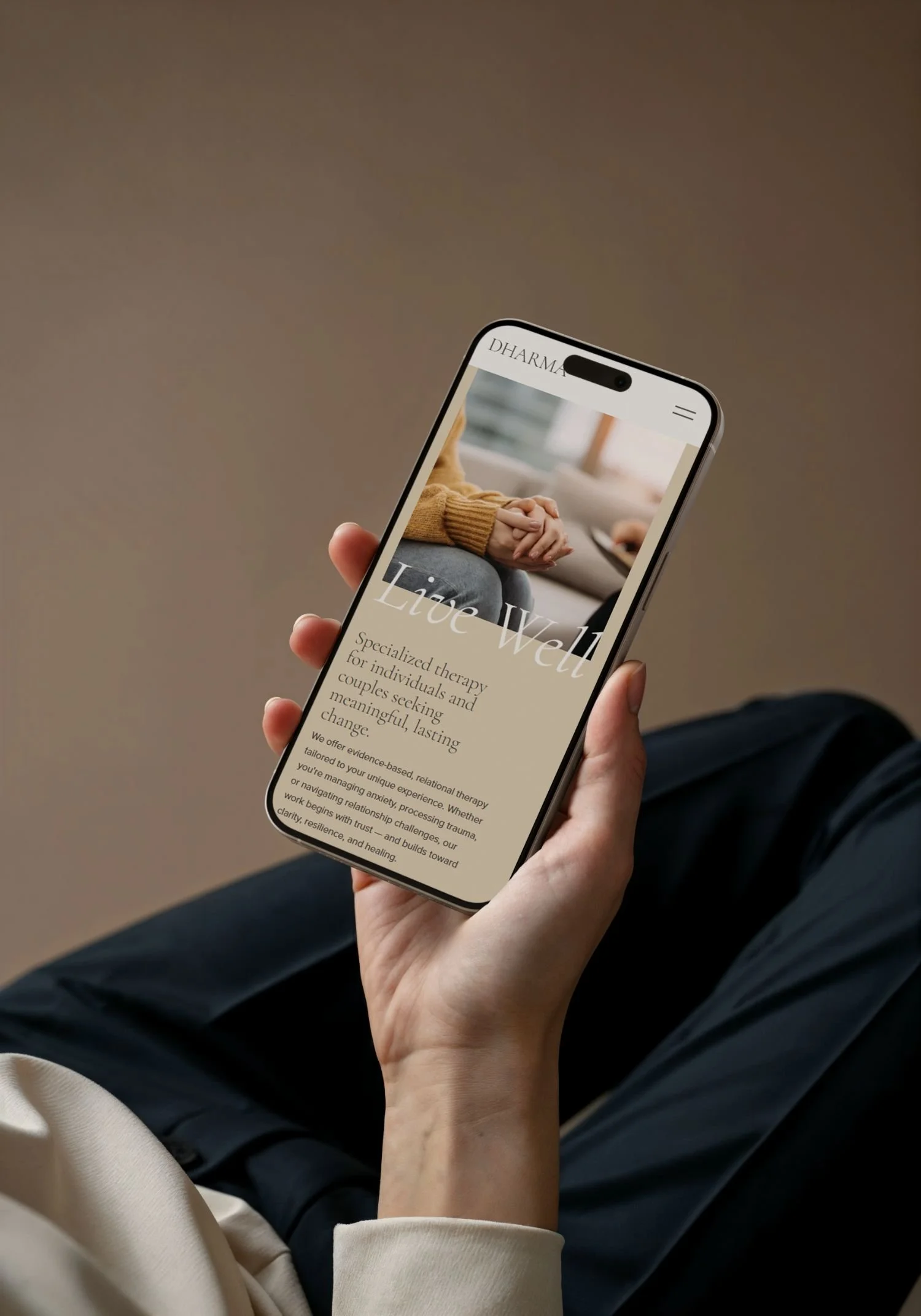 Mobile view of a Squarespace website for therapists and psychologists, optimized for mobile devices with a warm, structured design that helps private practice clients feel confident reaching out.
