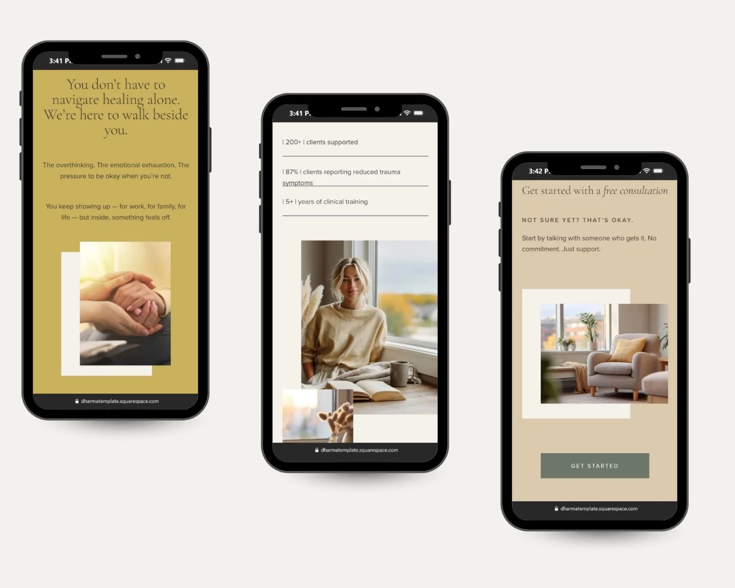 Mobile previews of Dharma, a minimalist Squarespace therapist website template showing calming messaging, client support imagery, clinical credibility stats, and a consultation call-to-action for therapists and psychologists.