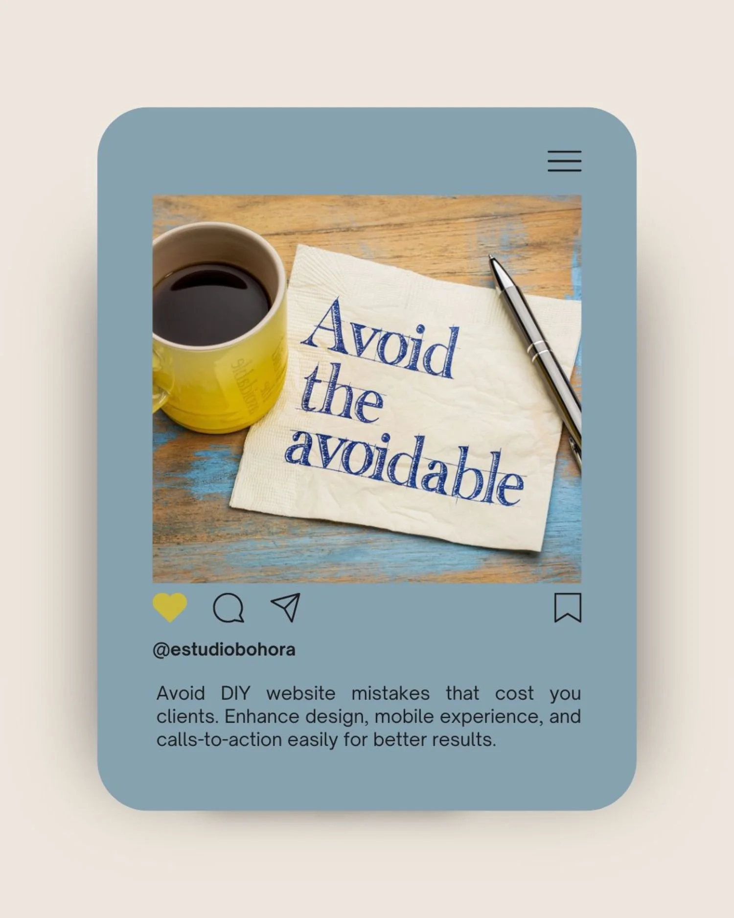A flat-lay image of a coffee mug, a pen, and a napkin on a wooden table with the phrase “Avoid the avoidable.” Designed in a soft blue frame, promoting a post about avoiding common DIY website mistakes.