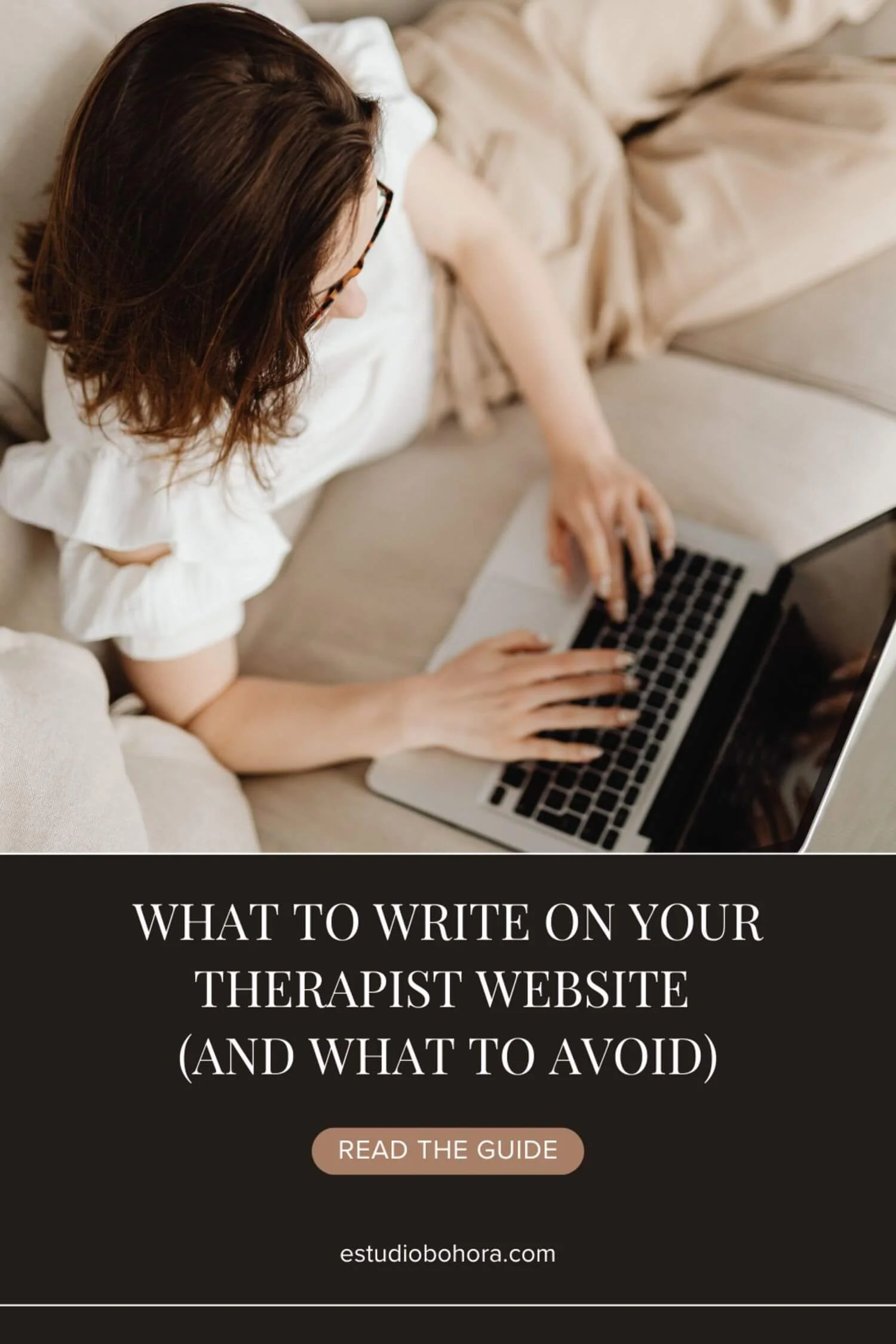 Therapist working on laptop writing website copy, promoting guide on what to write on your therapist website and how to avoid generic copy for private practice SEO and Squarespace design.