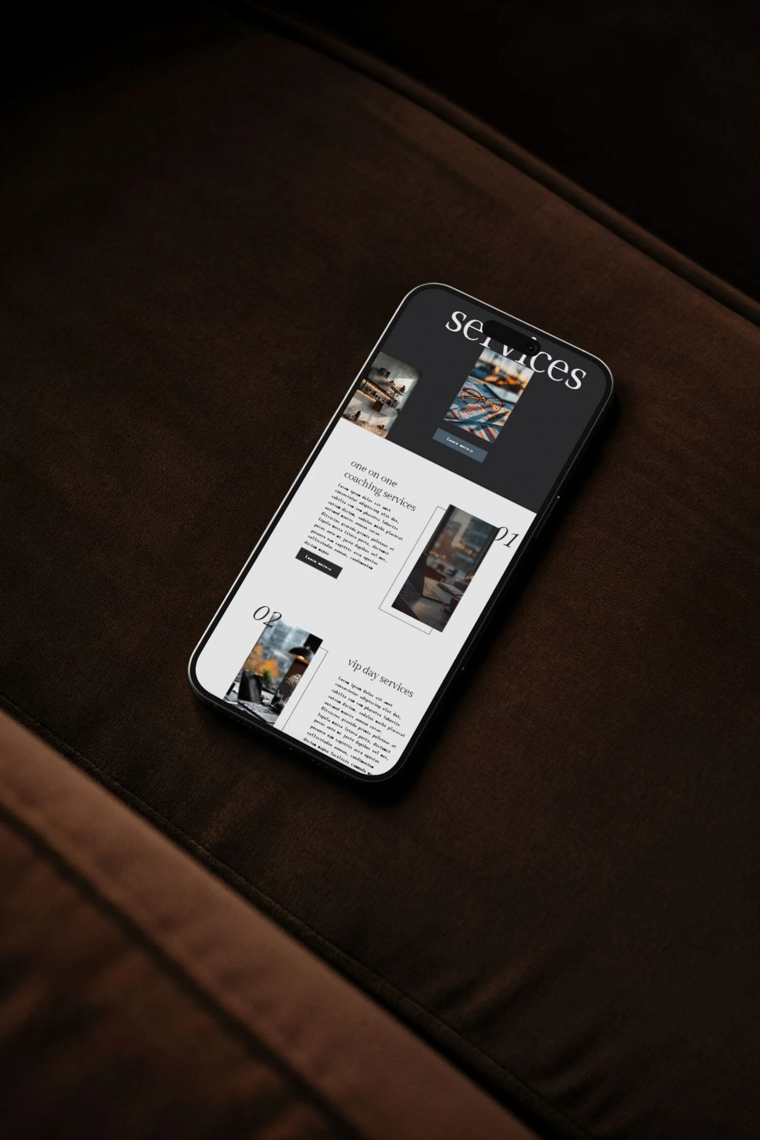 Mentora Squarespace coaching website template displayed on a smartphone mockup, showing the services section layout for business coaches and consultants with a clean, modern, strategy-driven design optimized for mobile.