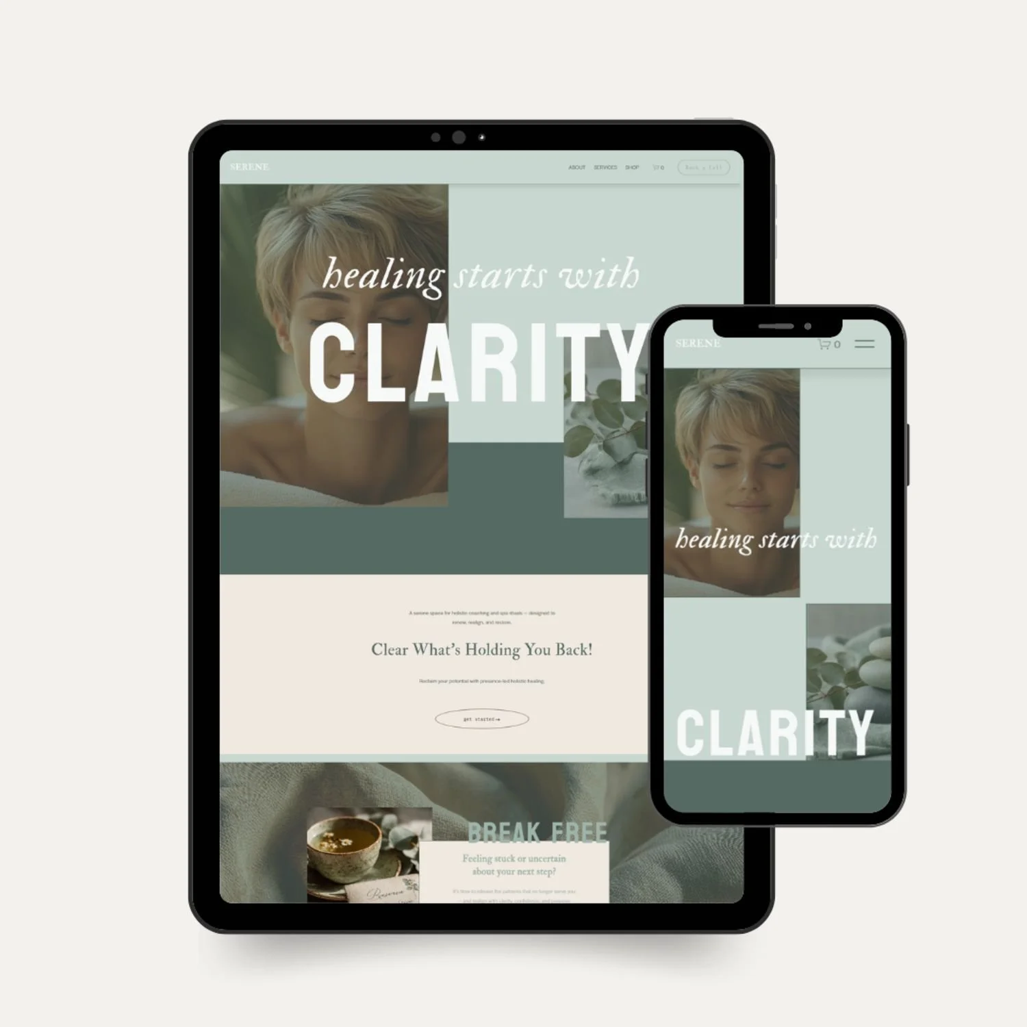Serene Squarespace template for holistic wellness coaches, yoga studios, and spas with calming green tones and modern healing-focused design.