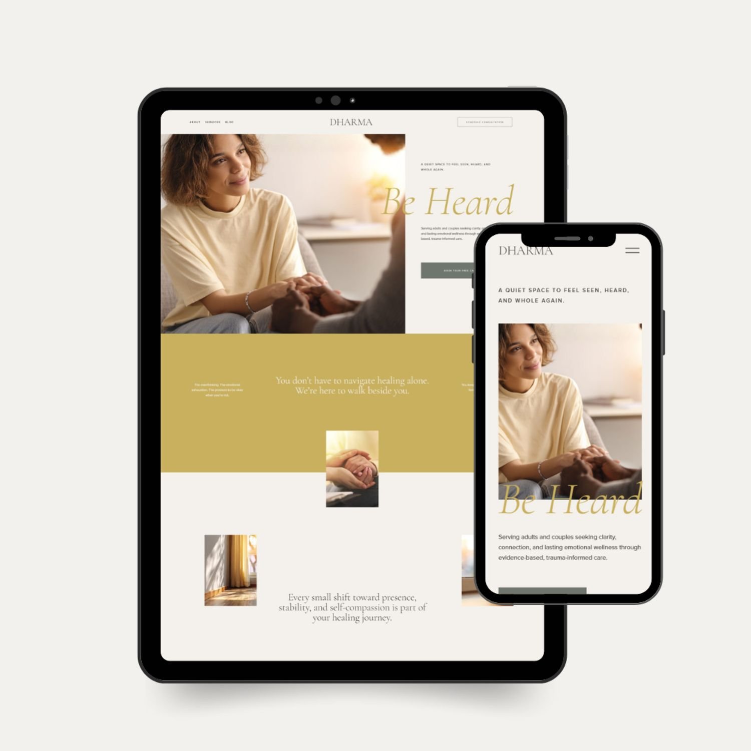'Dharma' website displayed on a tablet and smartphone designed for therapists and psychologists by Estudio Bohora.