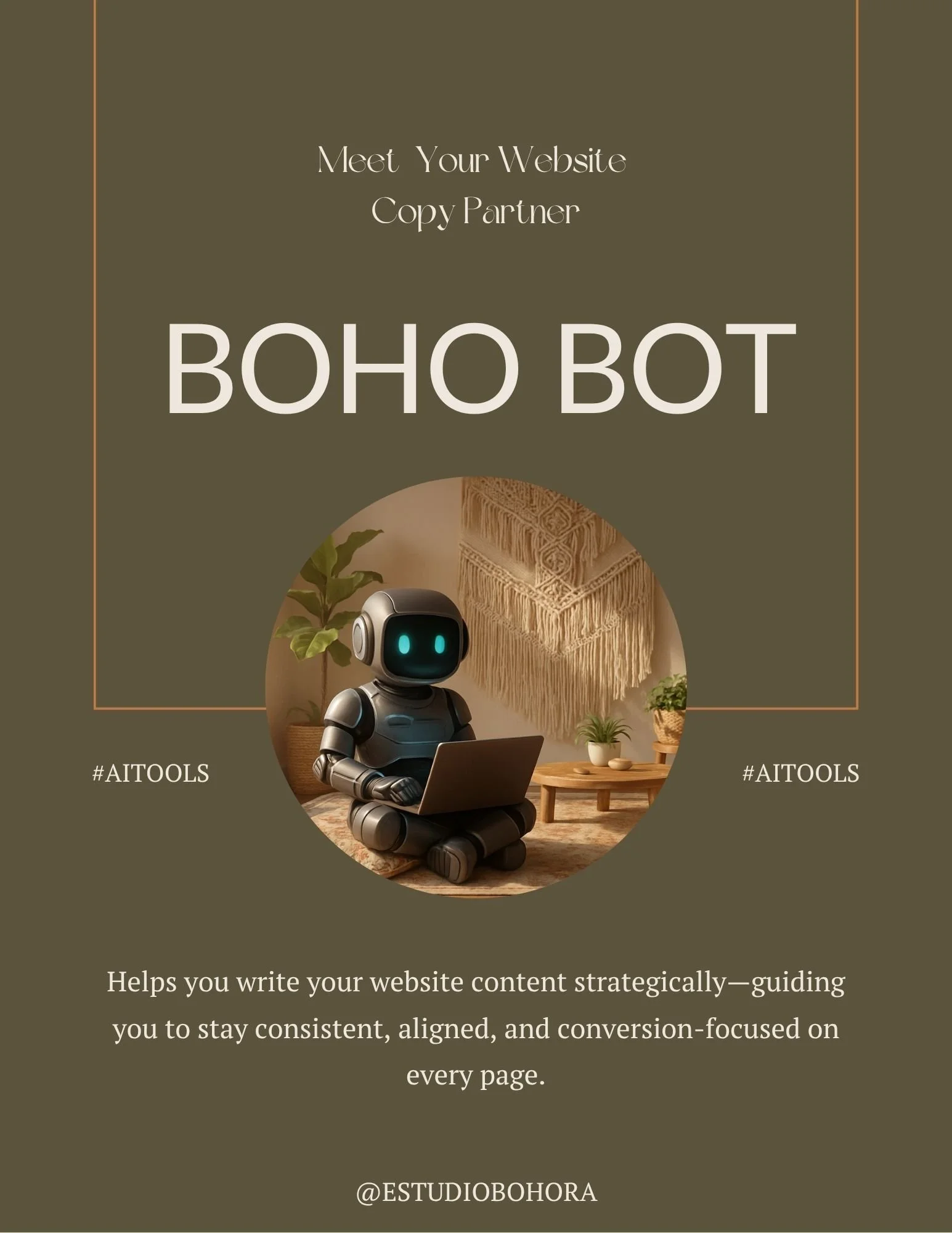 A promotional graphic featuring a chatbot robot sitting cross-legged with a laptop in a cozy, decorated room with plants and wall hanging, promoting a website content strategy tool called BOHO BOT.