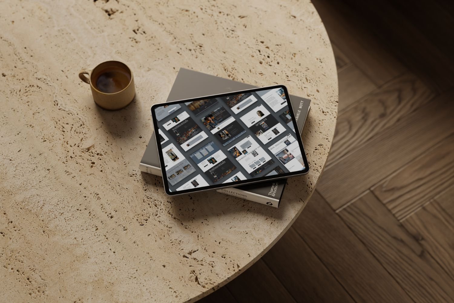 Tablet showcasing Moderna layouts, modern Squarespace website templates designed for therapists, coaches, and service-based brands, styled in a calm, editorial workspace.