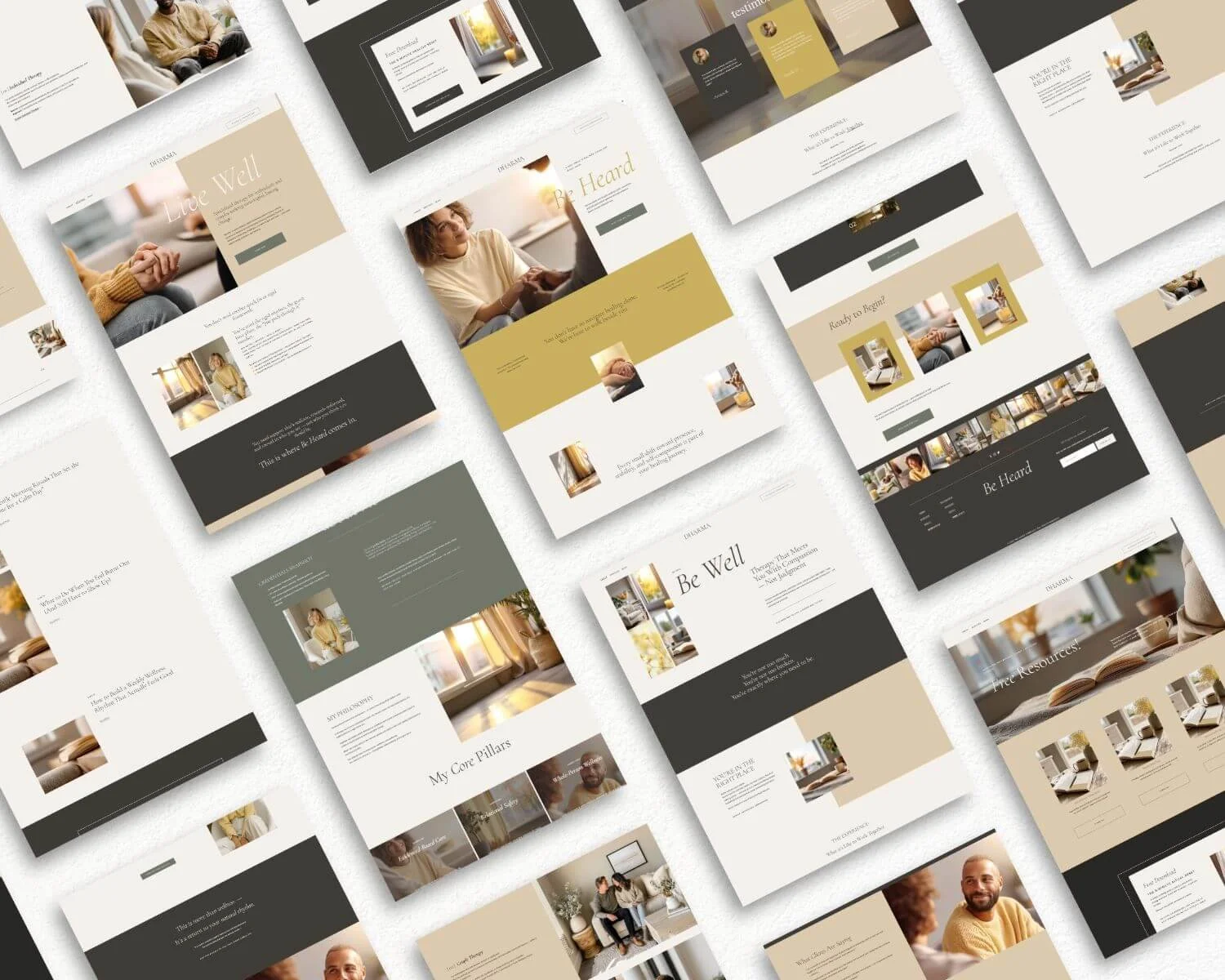 Minimalist Squarespace therapist website template for psychologists and coaches, featuring calming neutral colors, modern layout, and high-converting service-based design.