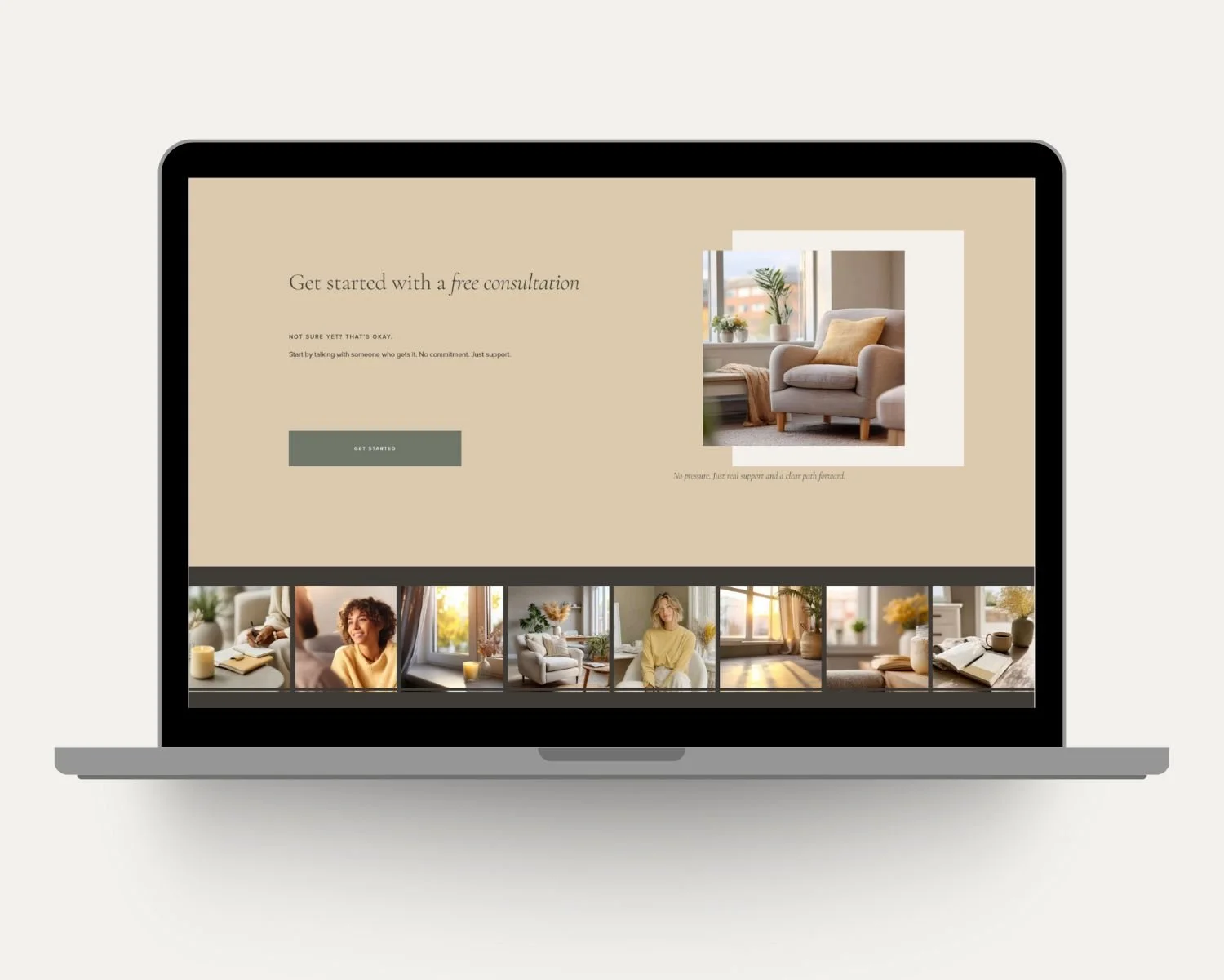 Dharma, a Squarespace therapist website section with free consultation call-to-action, showcasing a warm, professional private practice design.