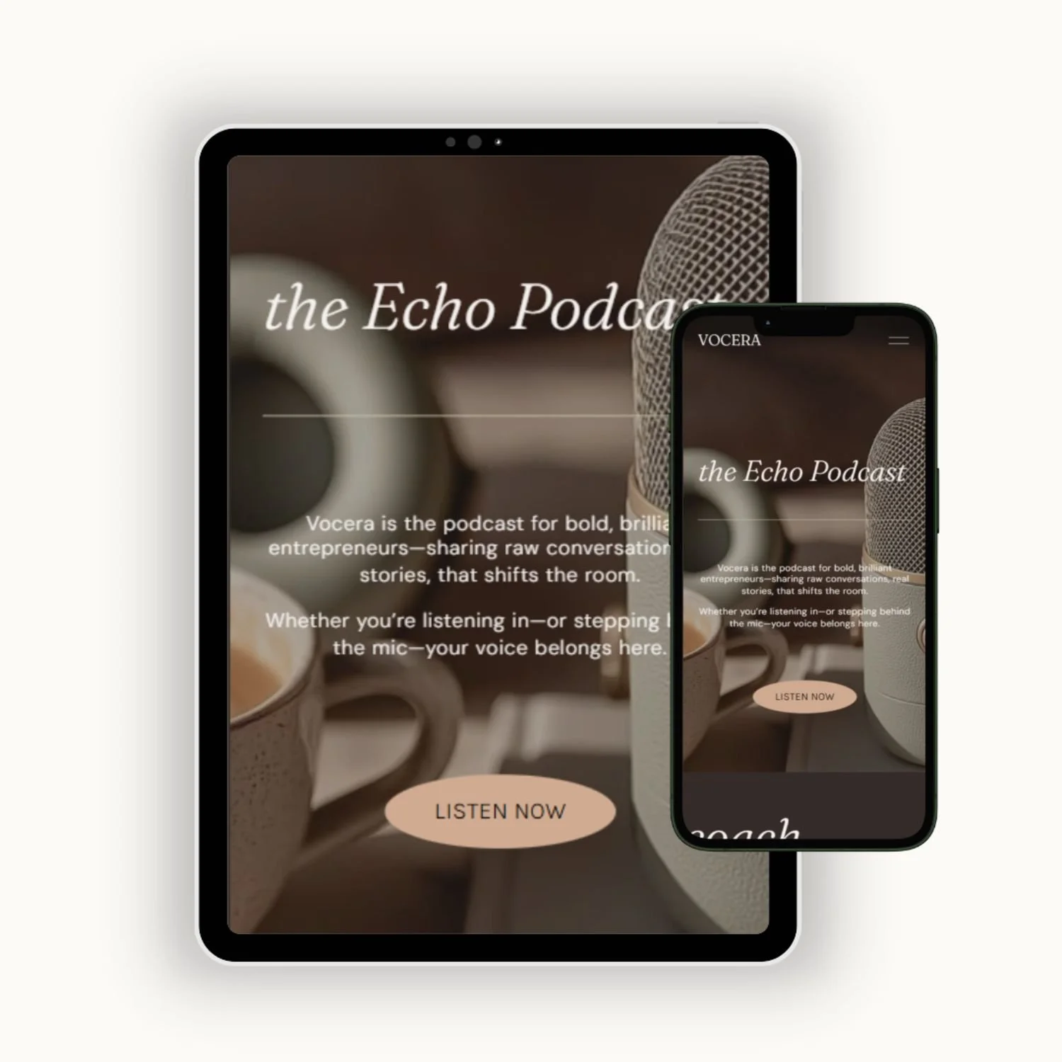 Vocera Squarespace website template by Bohora for podcasters and personal brands, built to showcase episodes, storytelling, and audience connection