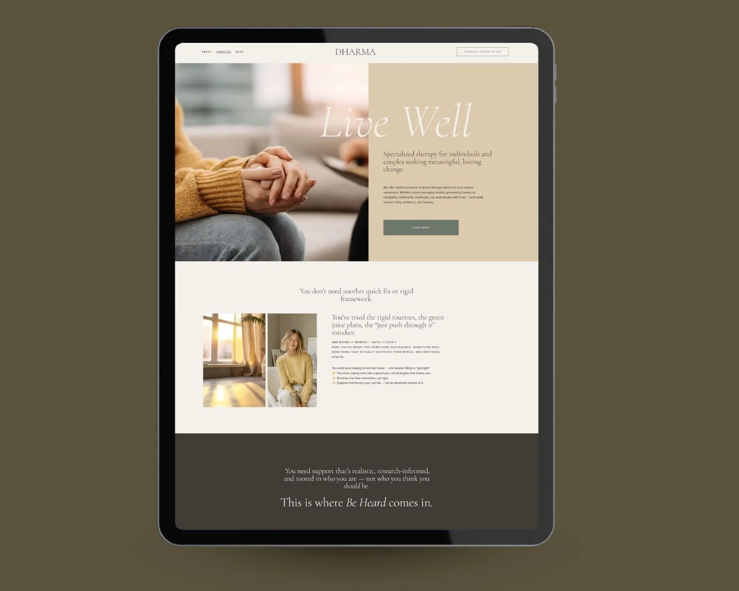 Tablet preview of the Dharma Squarespace therapist website template highlighting therapy services, calm editorial visuals, evidence-based messaging, and a modern layout for therapists and psychologists in private practice.