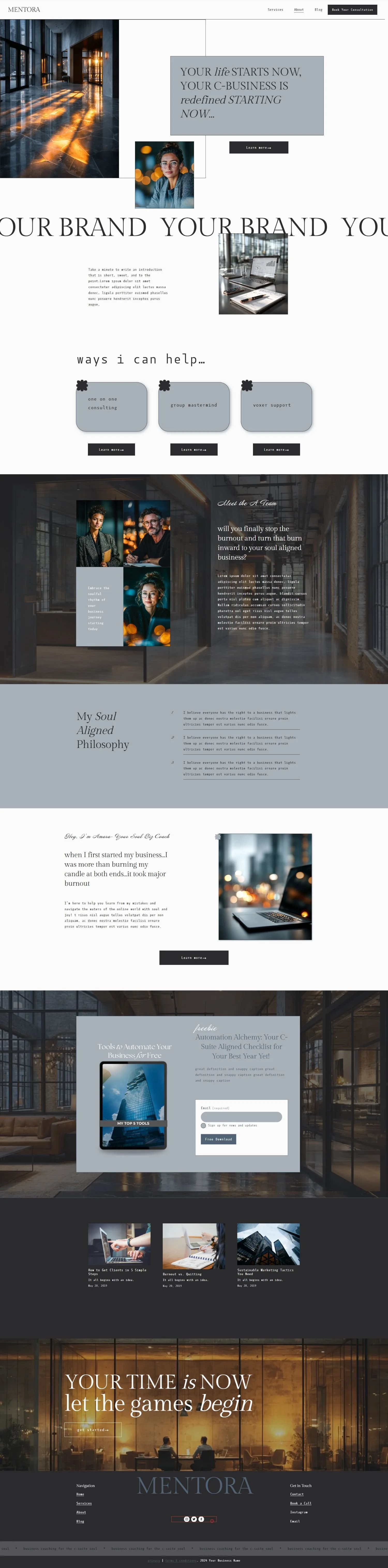 A modern, professional website homepage for Mentora, a business consulting firm. The page features a large header image of a stylish interior with sunlight streaming in, a motivational headline about starting and redefining your business, sections highlighting services like consulting, mentorship, and support, and images of diverse professionals. There are call-to-action buttons, informational sections about the company philosophy and success stories, and an interactive checklist tool. The footer encourages viewers to begin their journey with Mentora.