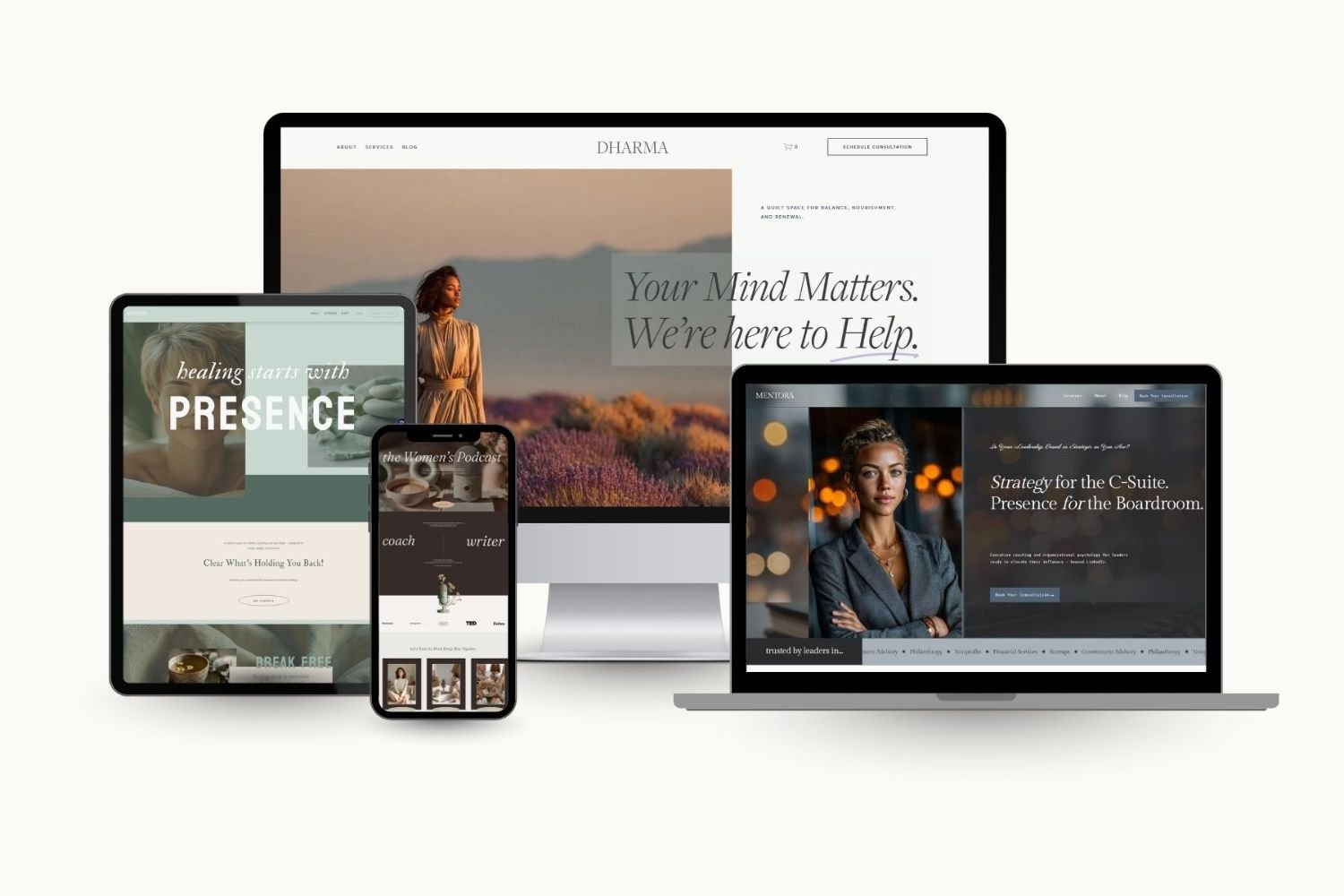 Showcase of Estudio Bohöra’s Squarespace templates—Dharma, Serene and Mentora—displayed on laptop, tablet and mobile, designed for therapists, coaches and professionals in the U.S.