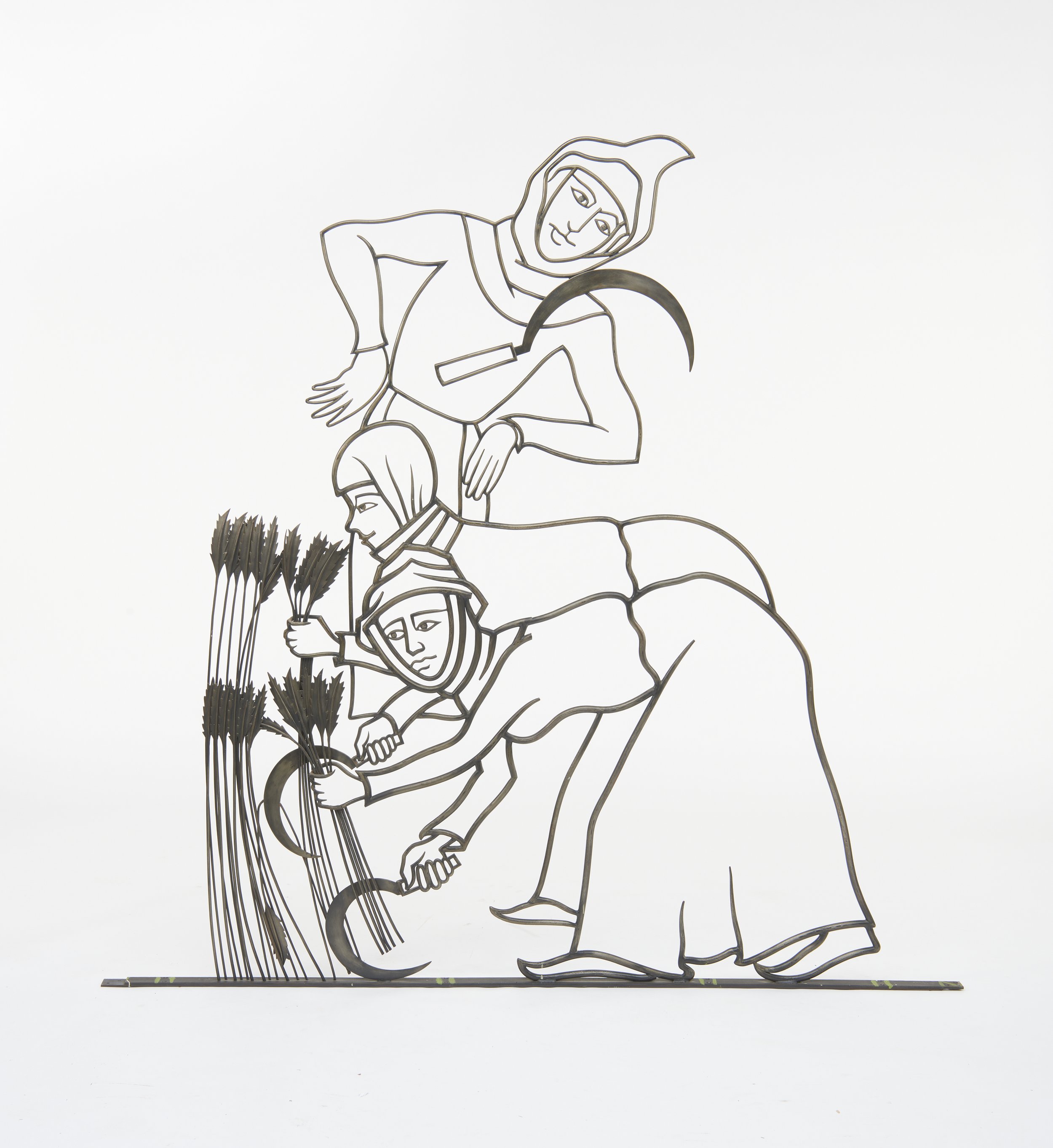 1951-65/6
	
Mural of three Medieval men harvesting with sickles, two cropping and one leaning onto side