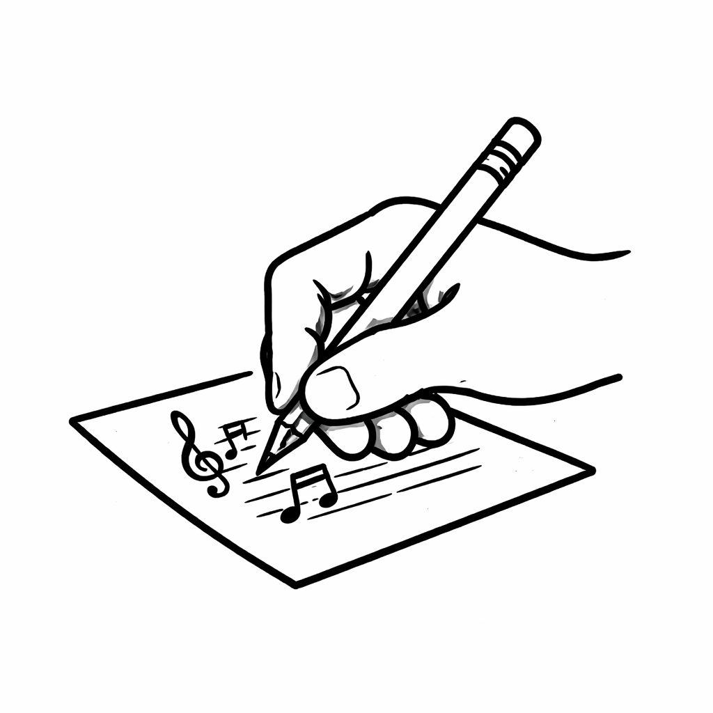 A hand holding a pen writing music notes on a sheet of music paper.