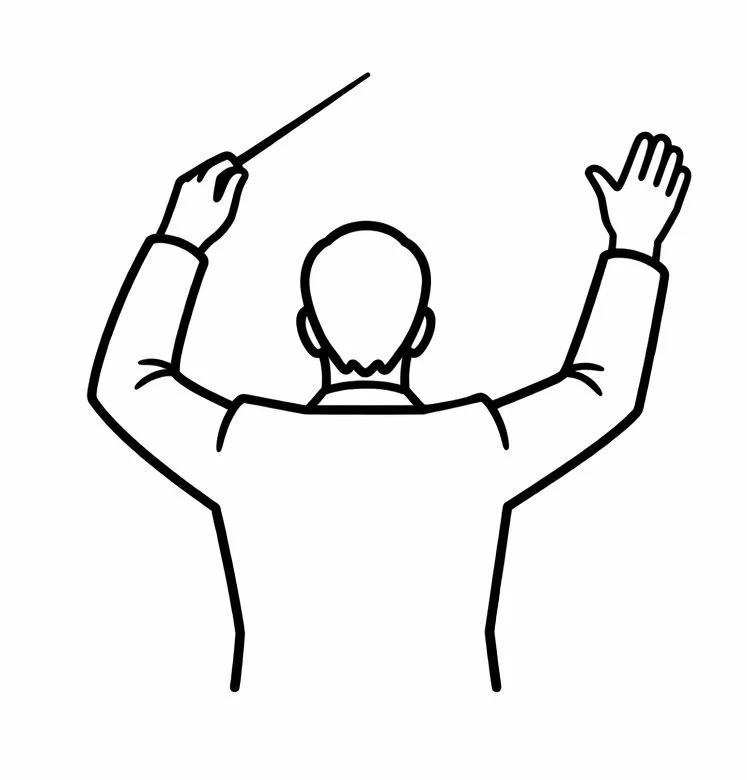 Line drawing of a person with short hair conducting an orchestra or choir, holding a baton in their right hand with arms raised.