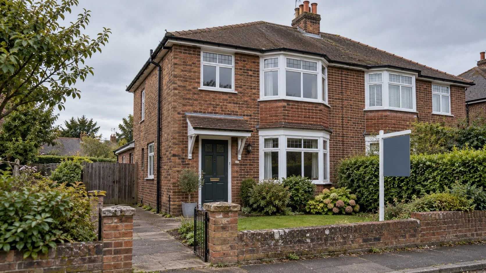 Illustrative photograph of a brick semi-detached English house with a blank for-sale board.