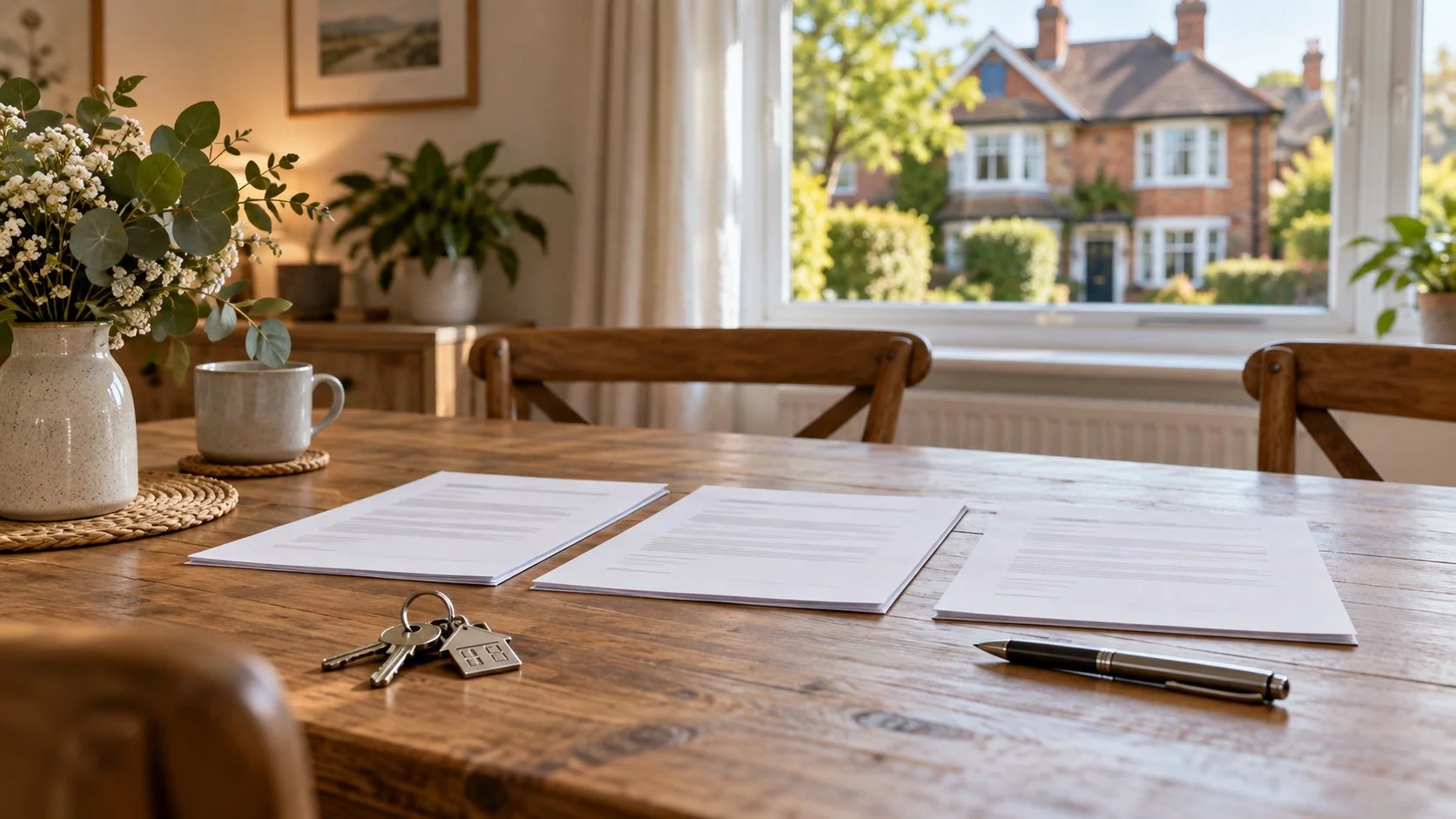 Illustrative dining table with offer documents, house keys and a pen in an English home.