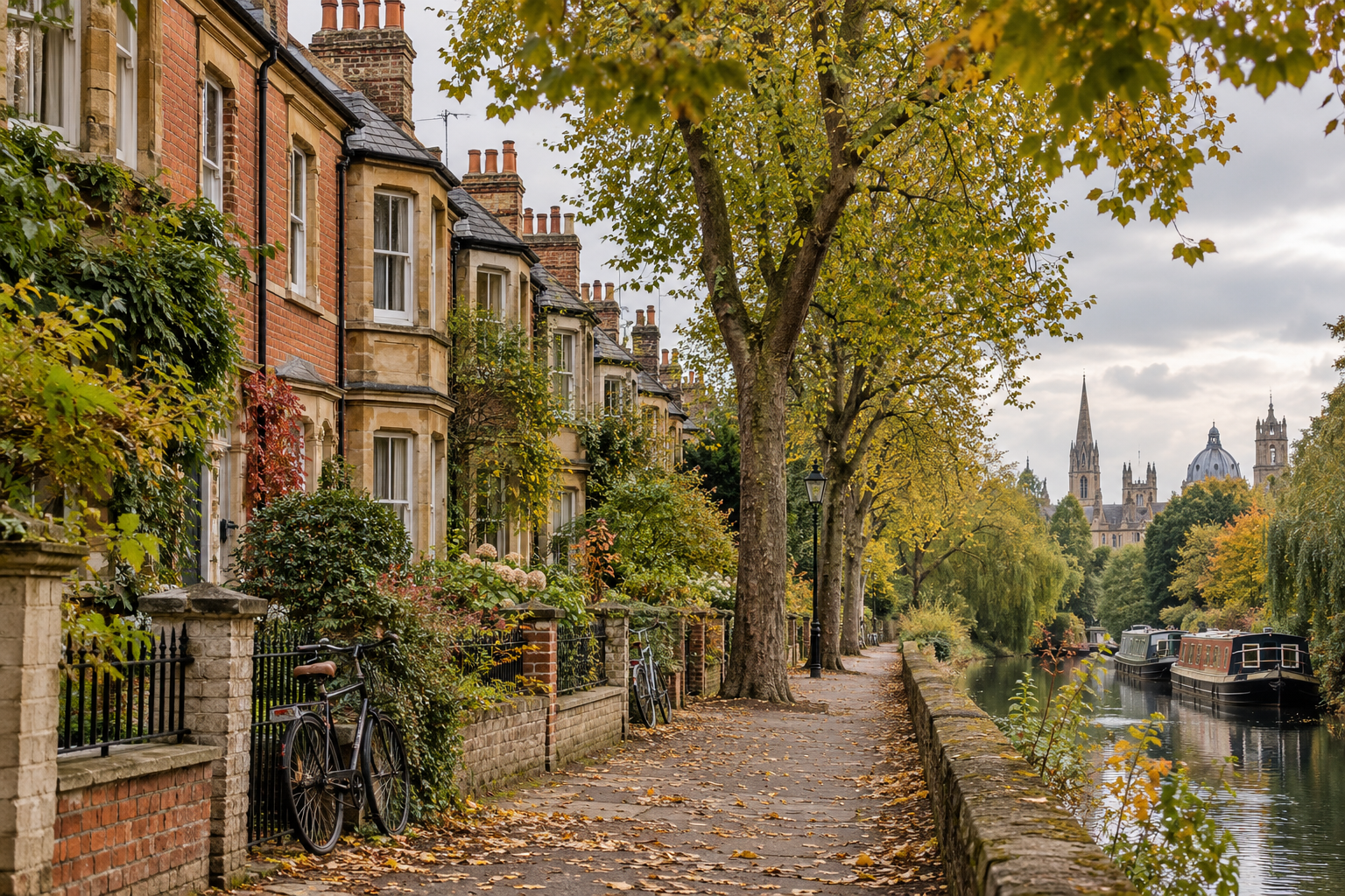 Illustrative Oxford-inspired canal-side street with Victorian-style homes; generated image, not a real photo of Oxford.
