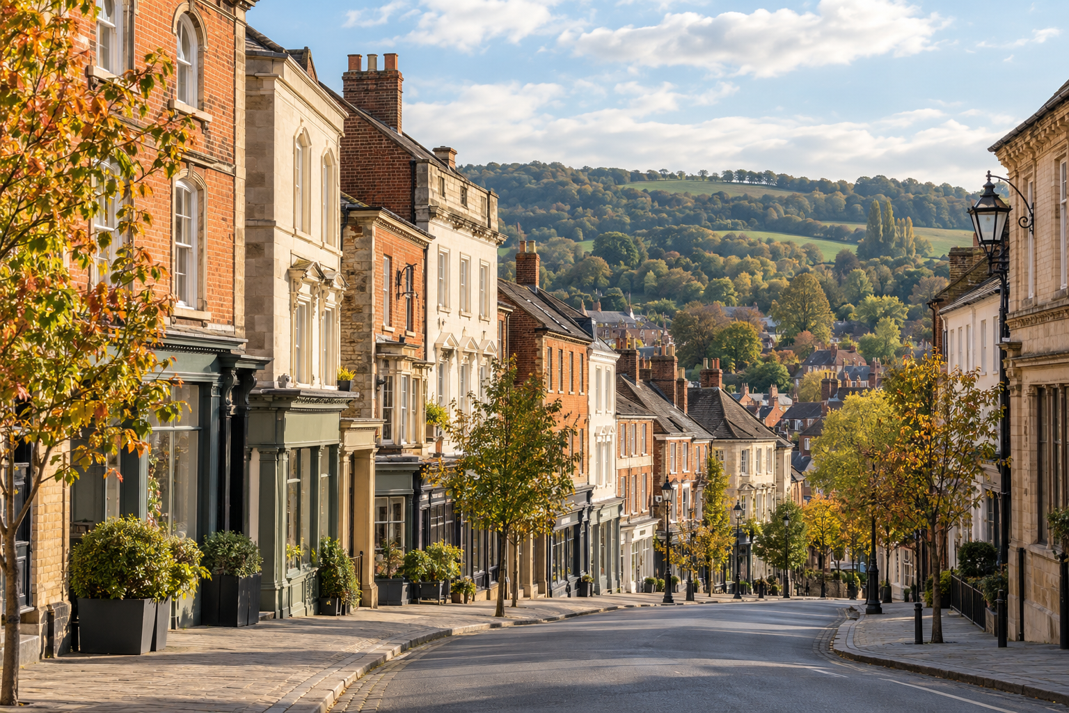 Illustrative High Wycombe-inspired market-town street with historic buildings and green hills; generated image, not a real photo of High Wycombe.