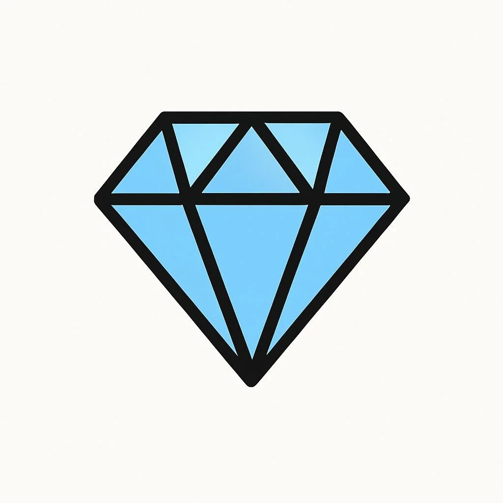 En enkel tegning av en blå diamant med svarte linjer på en hvit bakgrunn.