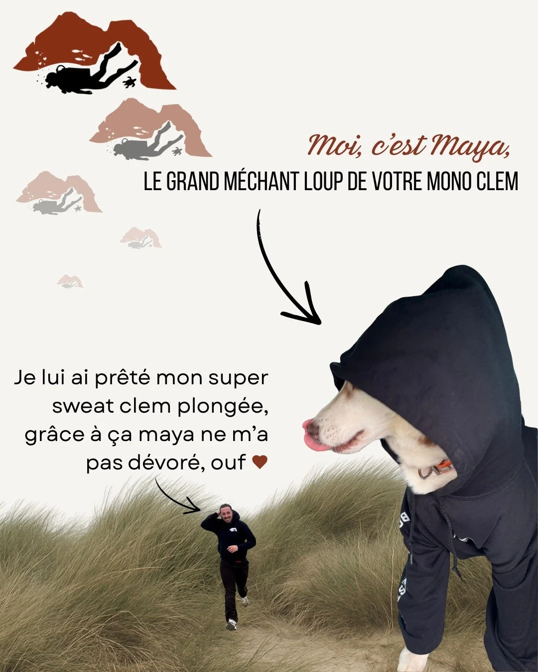 🌊 Le sweat qui a du chien (et qui soutient Clem plong&eacute;e dans l'Esterel !) 🤿

Faites la connaissance de Maya, le "grand m&eacute;chant loup" de notre &eacute;cole, qui a d&eacute;cid&eacute; de piquer le sweat du mono pour tester so