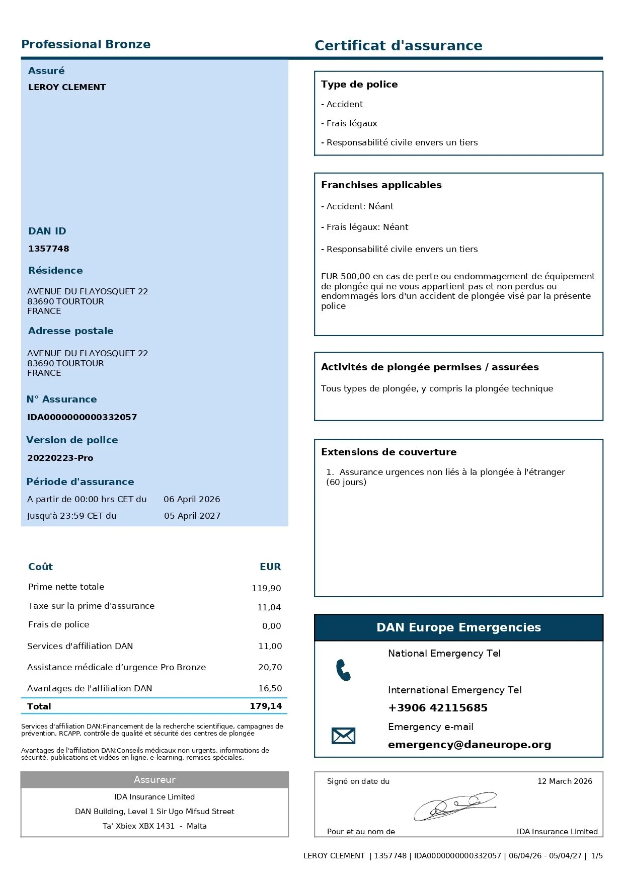 Certificat d'assurance pour une assurance plongée, incluant les détails personnels, la couverture, et les contacts d'urgence.