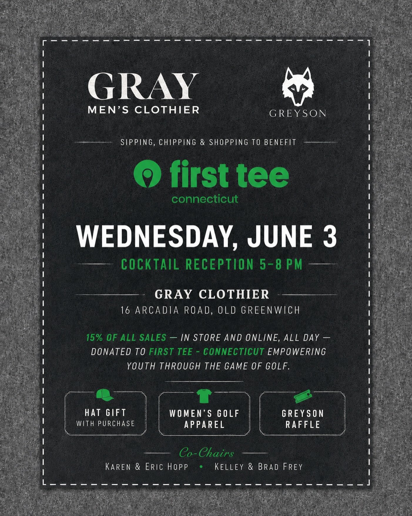 Today is the day!

All day long &mdash; in store and on grayclothier.com &mdash; 15% of every sale goes directly to First Tee &ndash; Connecticut, empowering youth through the game of golf. Shop with purpose today, no matter where you are.

Then join