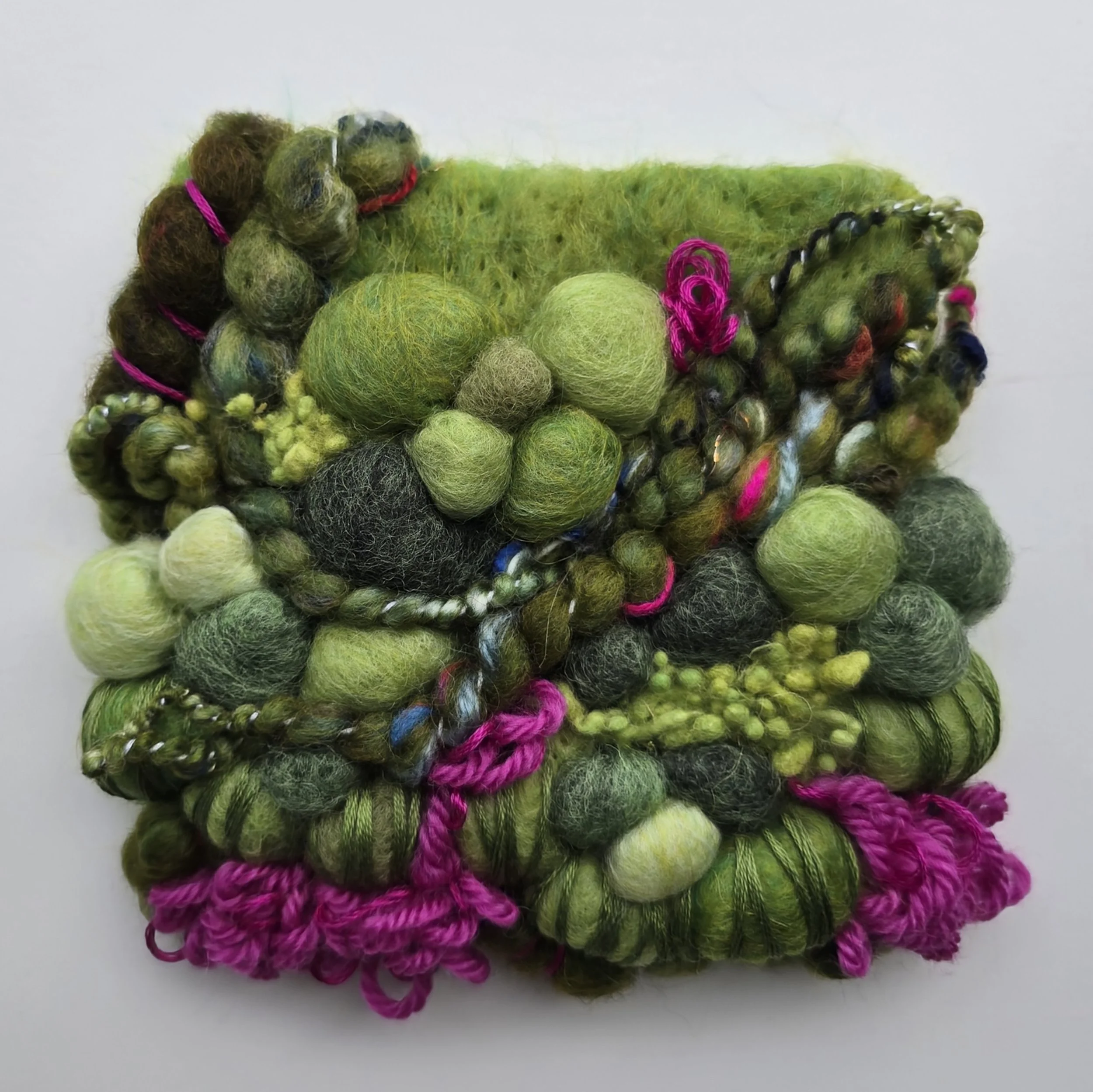 Into The Woods I | Needle felted wool, hand-spun art yarn, tapestry wool, & embroidery, mounted on board & ready to hang | 5" x 5" | $35 (CDN) - ON HOLD