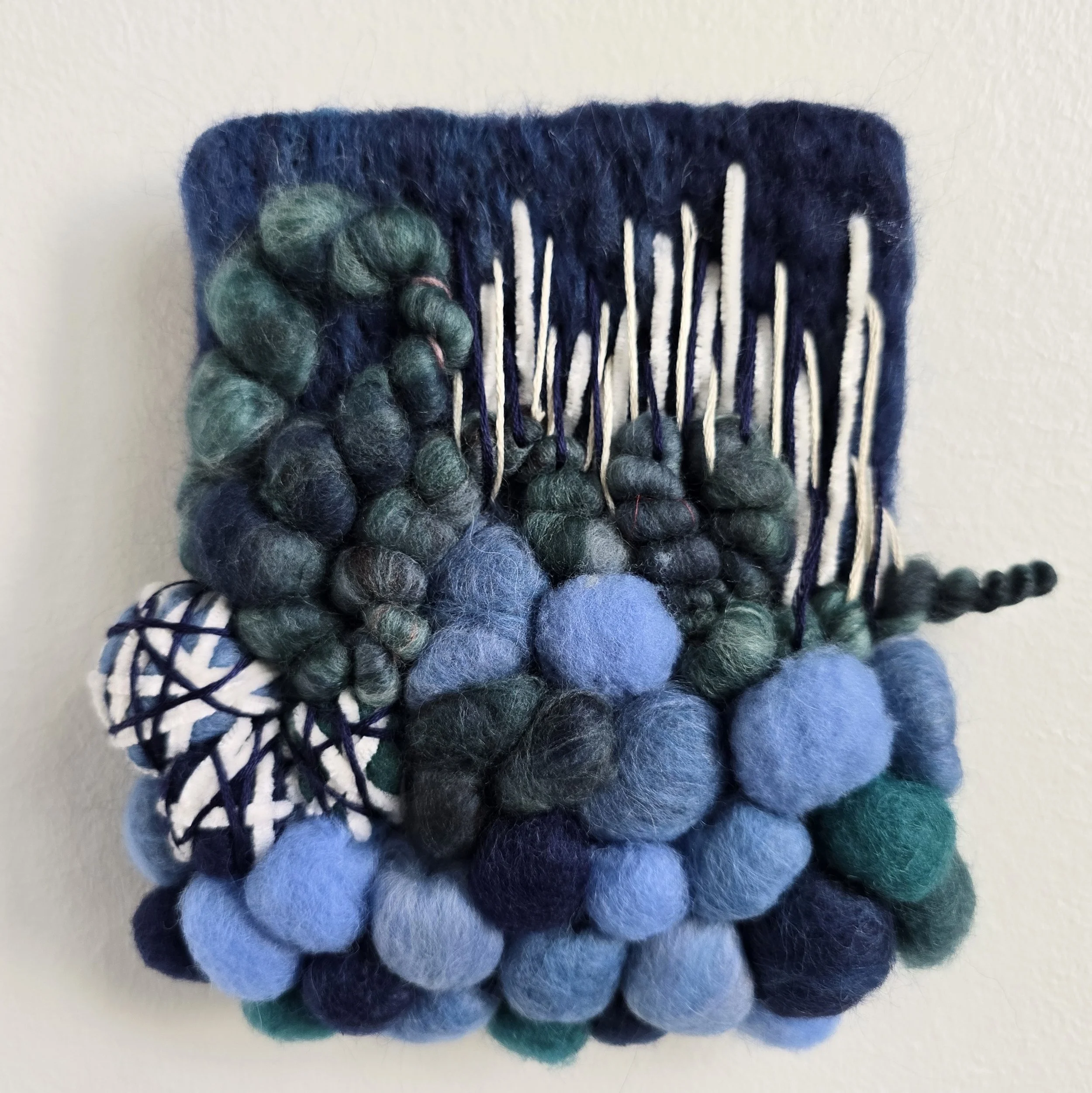 Moonlight II | Needle felted wool, hand-spun art yarn, chenille, & embroidery, mounted on board & ready to hang | 5" x 5" | $35 (CDN) - SOLD