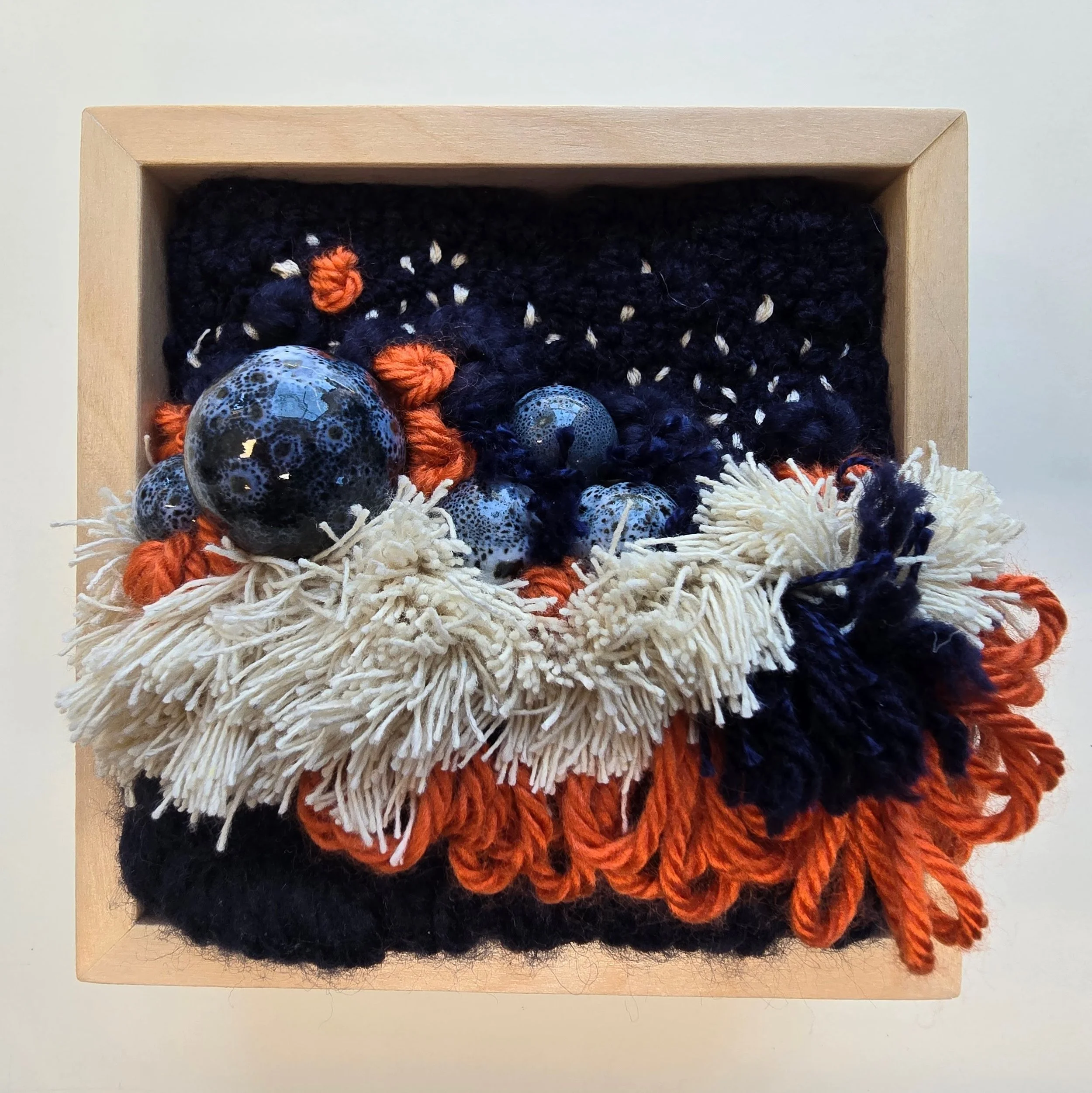 The Midnight Dance-Off | Punch needled wool, mixed yarns, stitching, & ceramic beads in a solid birch frame with natural finish | 5" x 5" x 2" | SOLD