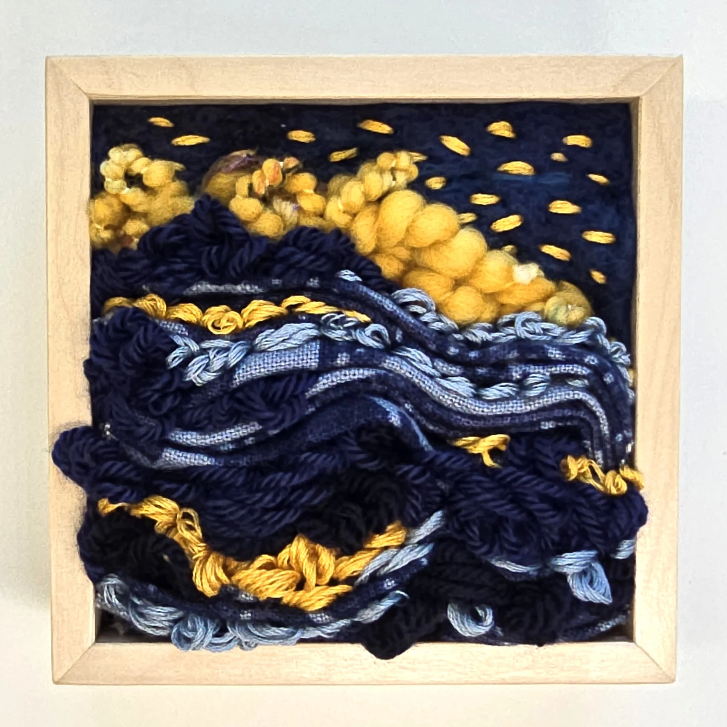 Lucy In The Sky With Diamonds | Needle felted wool, handspun art yarn, mixed textiles, & stitching in a solid birch frame with natural finish | 5" x 5" x 2" | $125 (CDN)