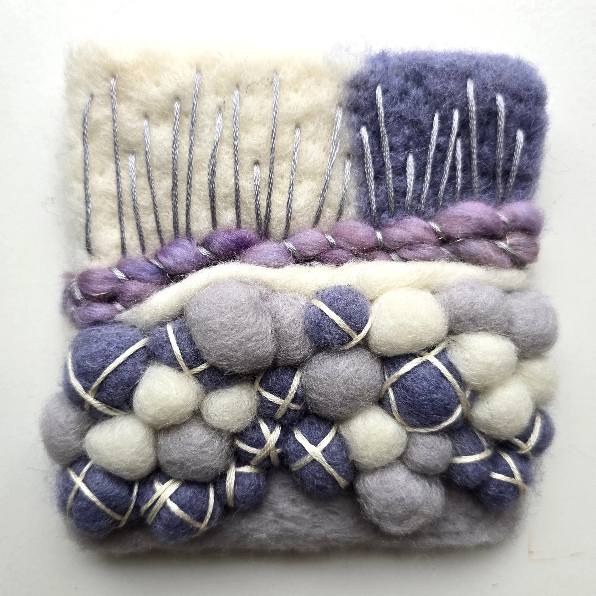 Lavender Fields I | Needle felted wool, hand-spun art yarn, & embroidery, mounted on board & ready to hang | 4" x 4" | $20 (CDN) - SOLD