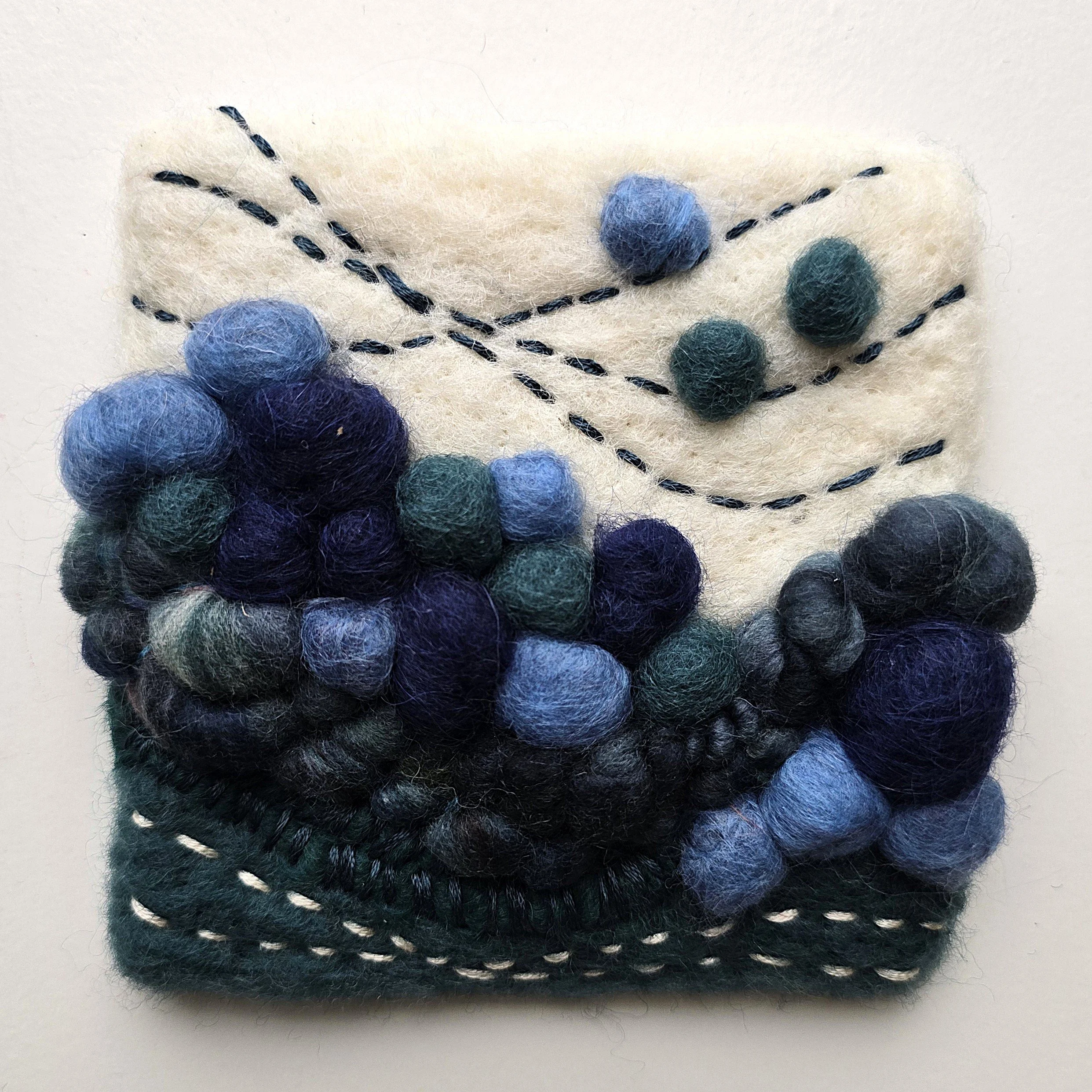 Bluestone II | Needle felted wool, hand-spun art yarn, & embroidery, mounted on board & ready to hang | 4" x 4" | $20 (CDN) - ON HOLD
