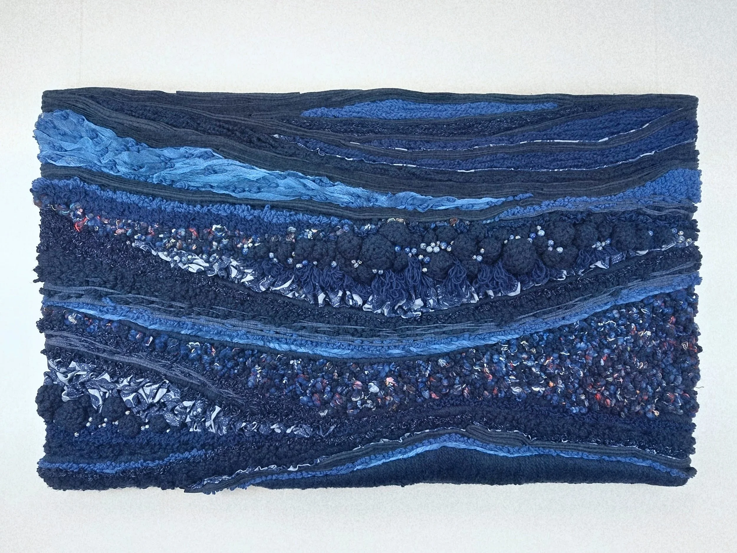 Moonlight, Solitude & All The Possibilities | Mixed textiles, handspun art yarn, stitched & crocheted yarns, & ceramic beading, mounted on board & wired for hanging | 33" x 55" x 2" | $7000 (CDN) ***Available at Riverdale ArtWalk, Toronto, Ontario - 
