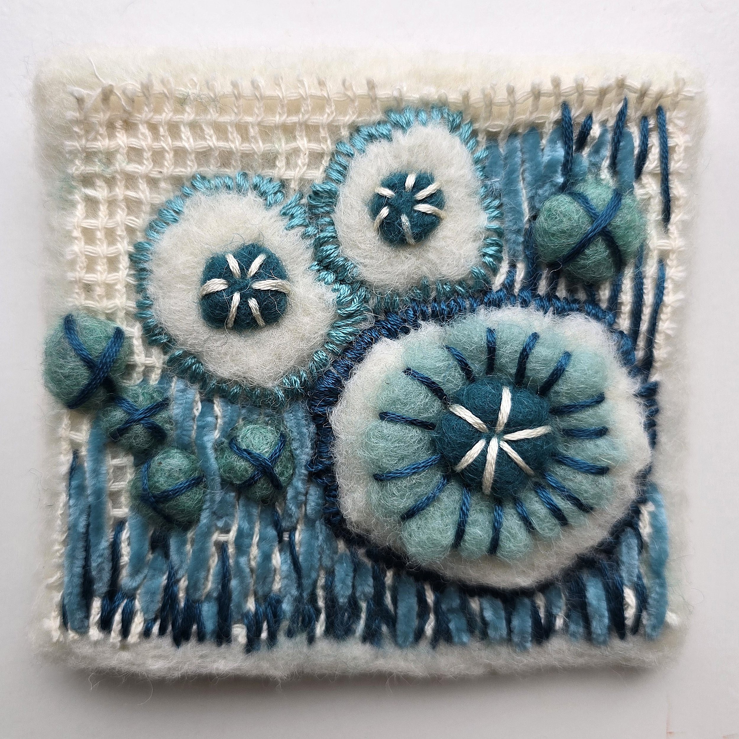 Welcome To My Garden III | Needle felted wool, chenille, & embroidery, mounted on board & ready to hang | 4" x 4" | $20 (CDN) - SOLD