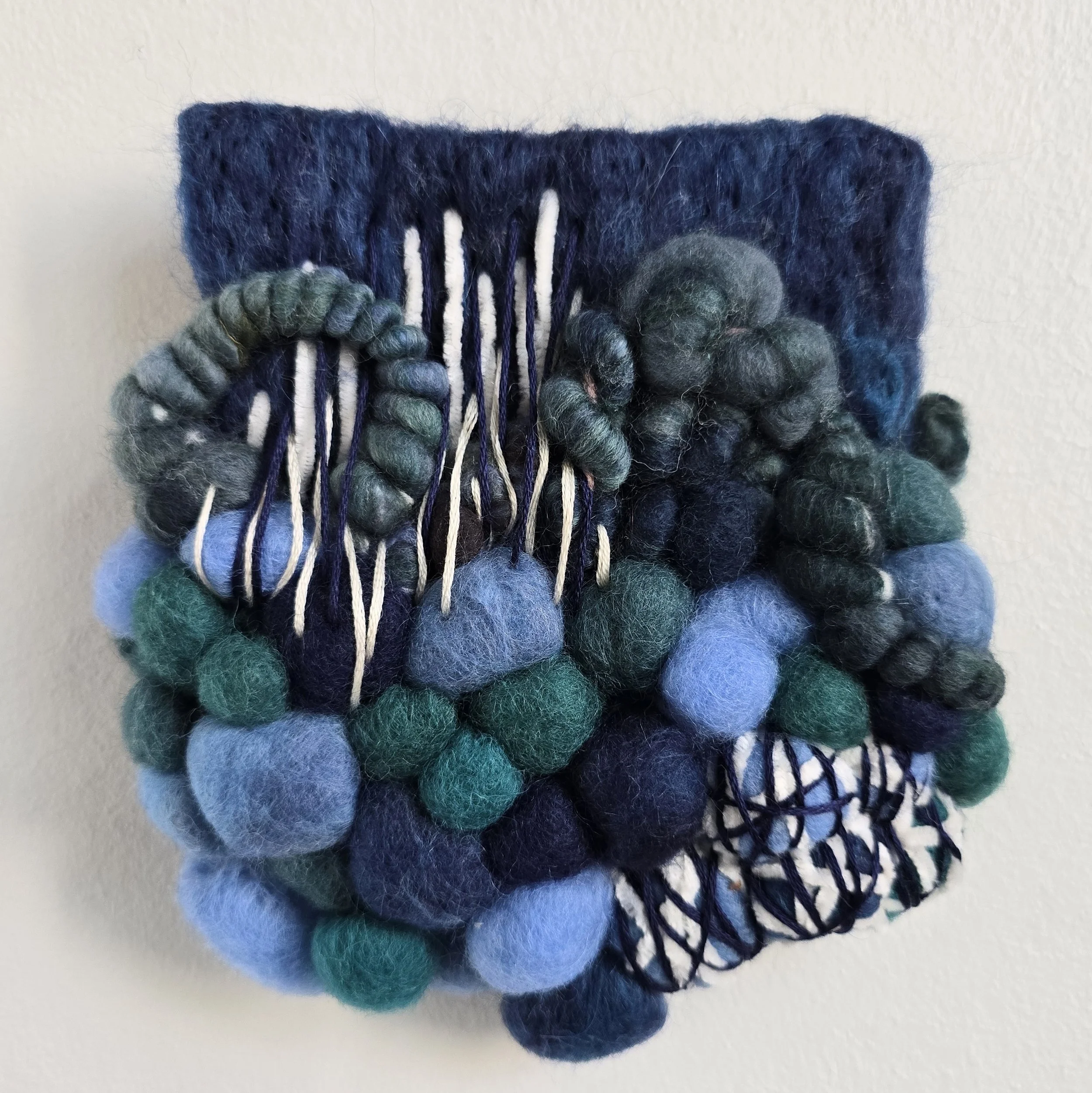Moonlight I | Needle felted wool, hand-spun art yarn, chenille, & embroidery, mounted on board & ready to hang | 5" x 5" | $35 (CDN) - ON HOLD