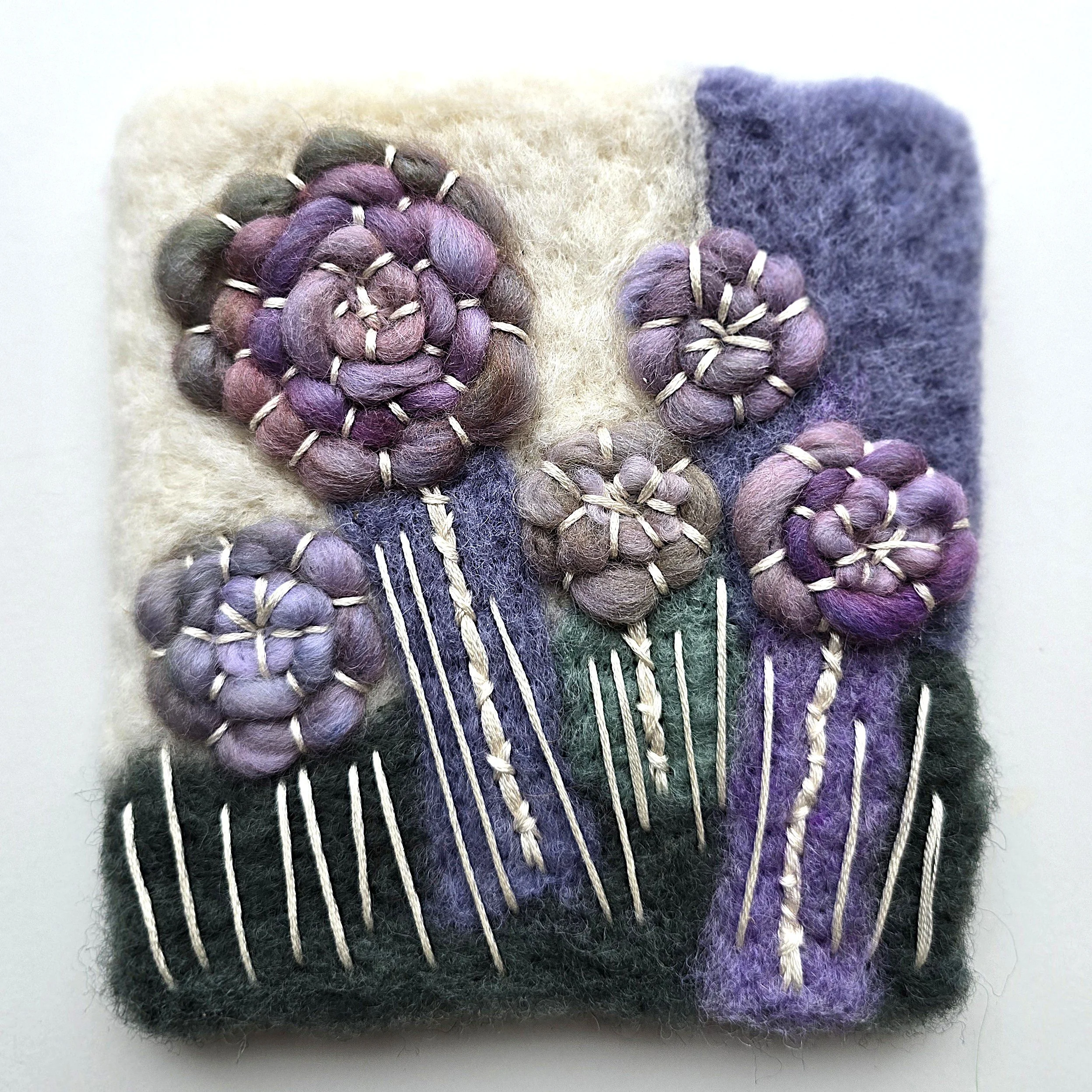 Heather & Sage I | Needle felted wool, hand-spun yarn, & embroidery, mounted on board & ready to hang | 4.5" x 5" | $25 (CDN) - ON HOLD