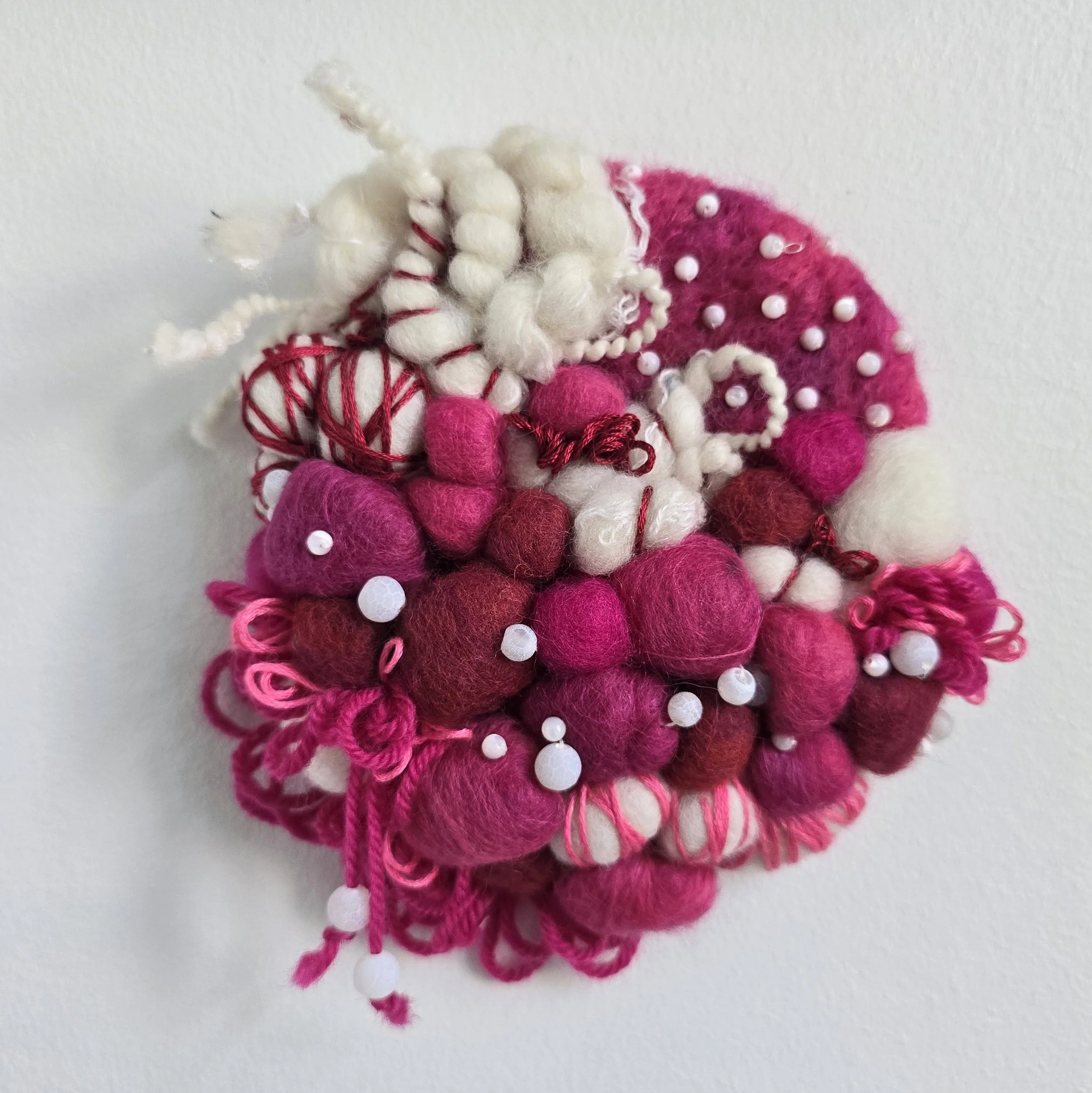 Pink Lagoon II | Needle felted wool, hand-spun art yarn, tapestry wool, beading, & embroidery, mounted on board & ready to hang | 5" x 5" | $35 (CDN) - ON HOLD