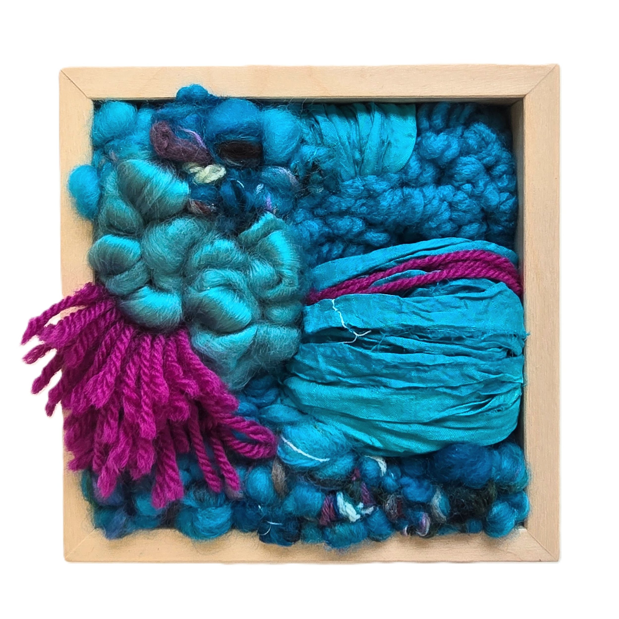 Wild Thing | Hooked wool and mixed yarns, handspun art yarn, wool roving, and recycled sari silk, in a solid birch frame with natural finish | 5” x 5” x 2” | $125
