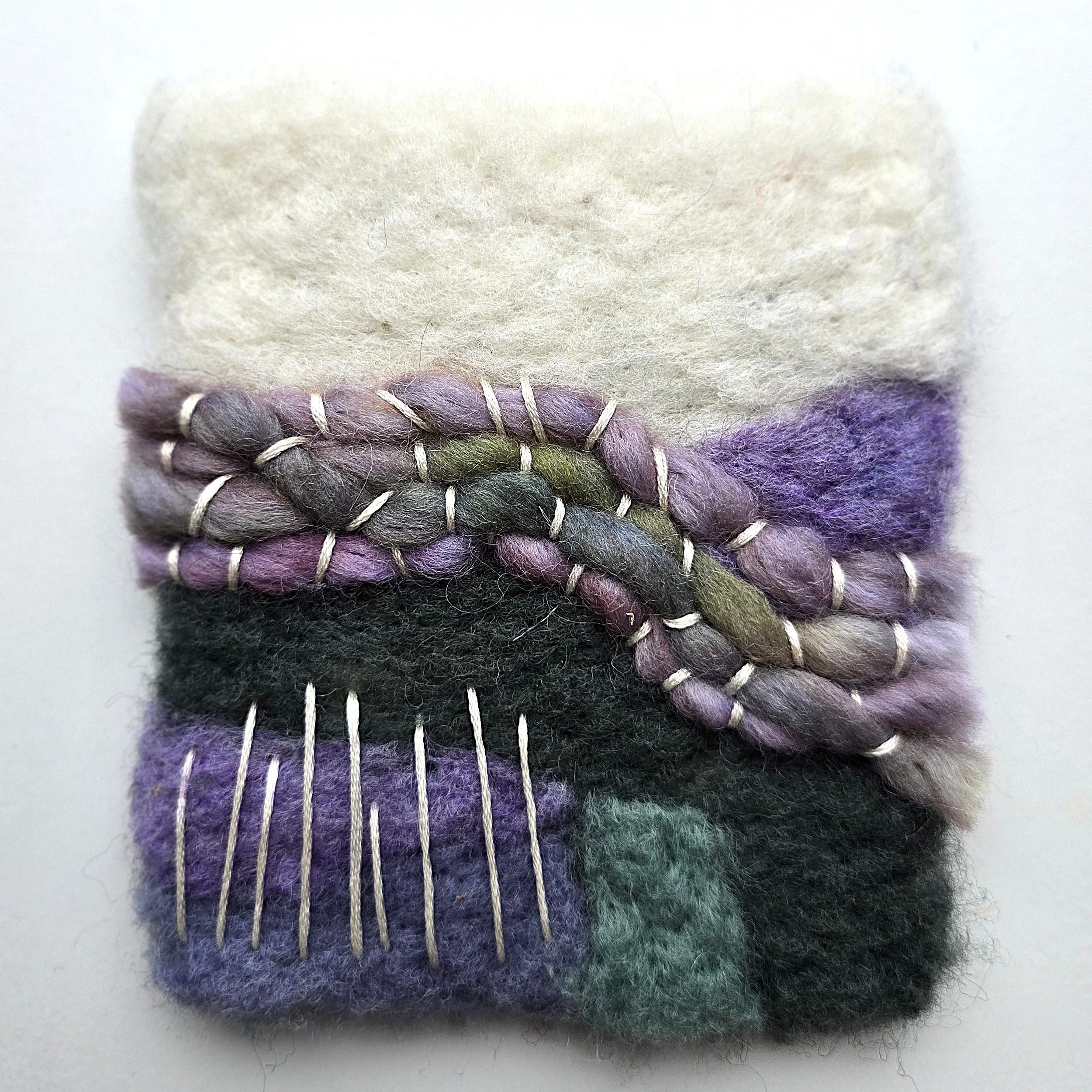 Heather & Sage III | Needle felted wool, hand-spun yarn, & embroidery, mounted on board & ready to hang | 4.5" x 5" | $25 (CDN) - ON HOLD