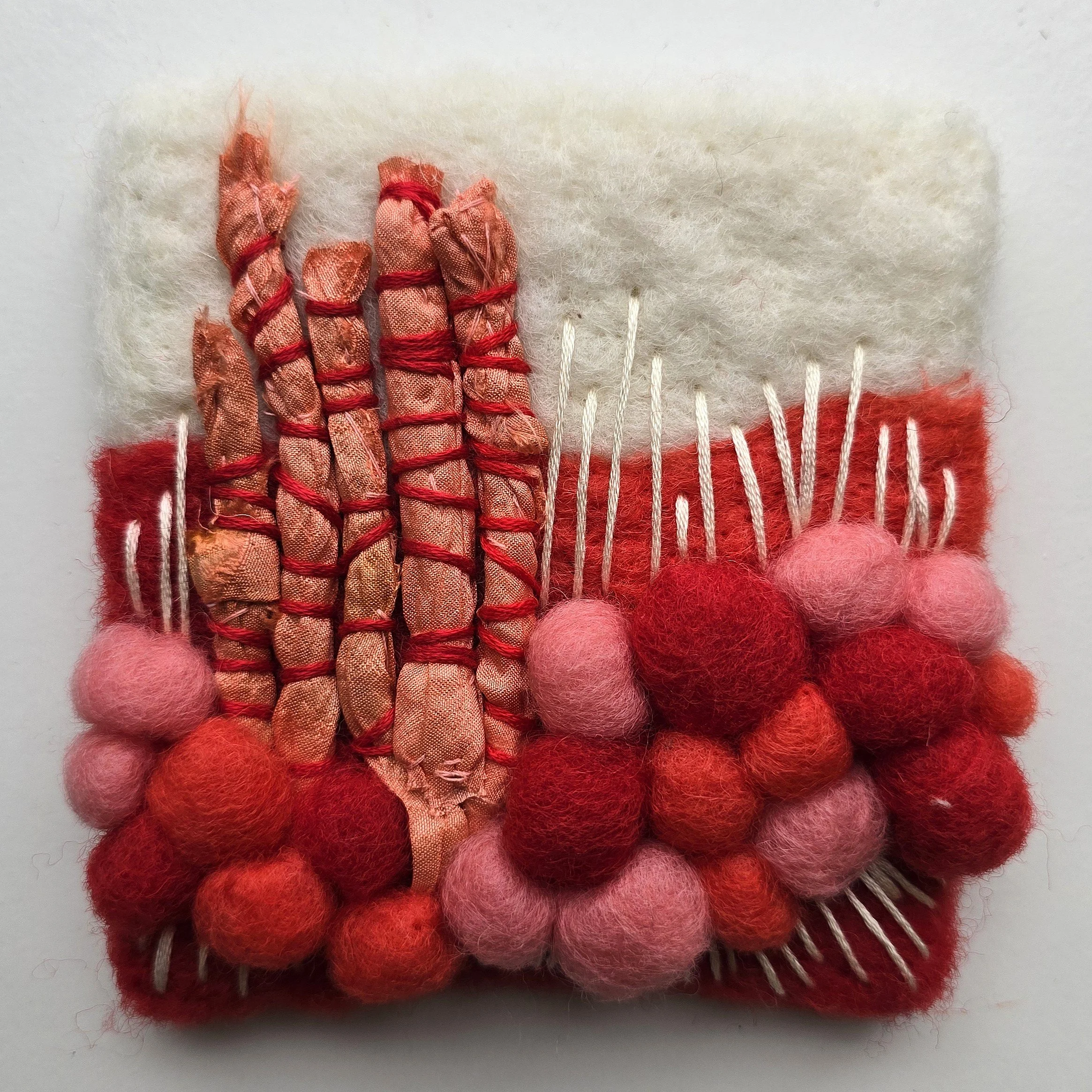 Lipstick Sunset I | Needle felted wool, recycled sari silk, & embroidery, mounted on board & ready to hang | 4" x 4" | $20 (CDN) - ON HOLD