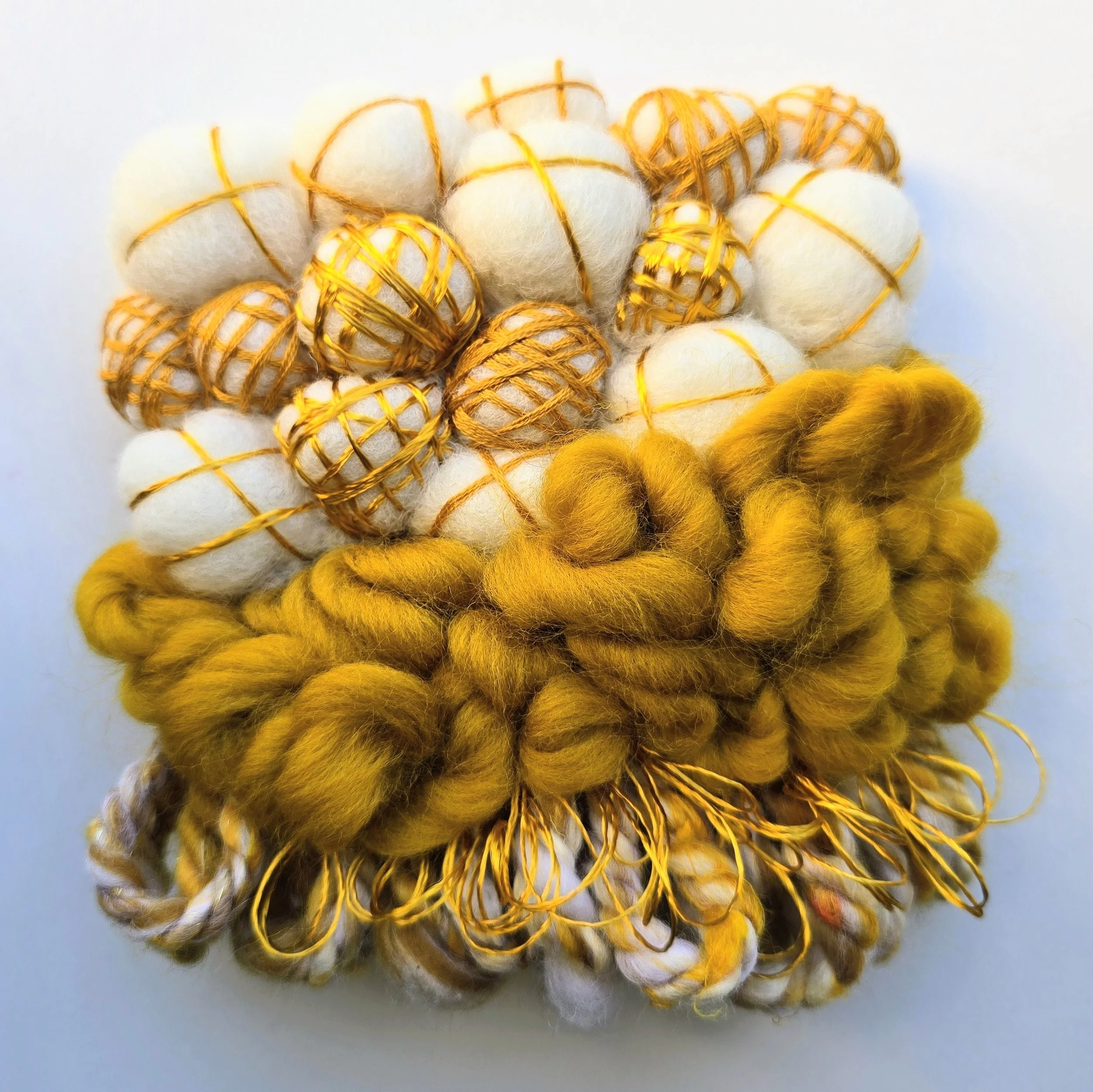 Gilded | Needle felted wool, hand-spun art yarn, & embroidery, mounted on board & ready to hang | 4" x 4" | $25 (CDN) - ON HOLD