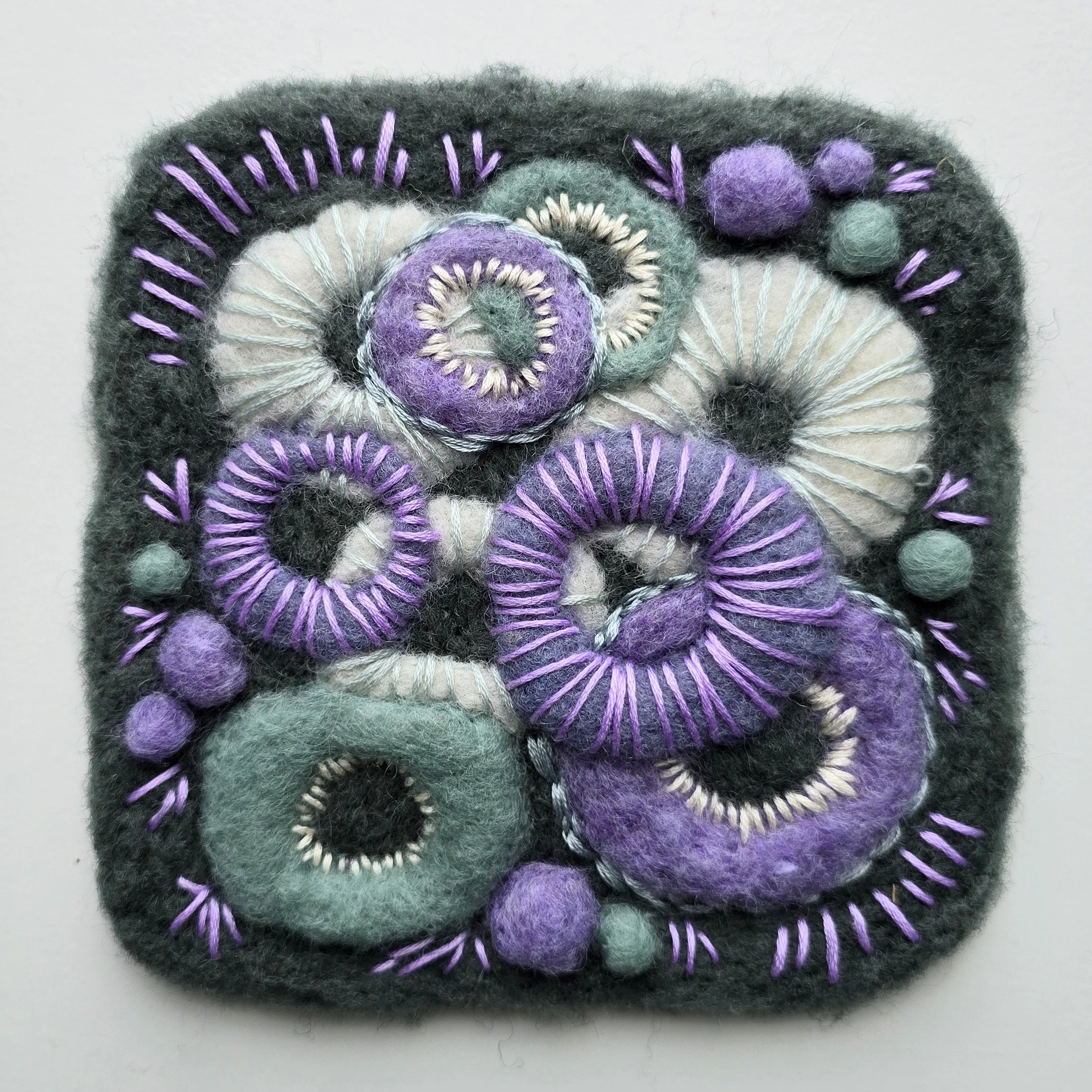 Heather & Sage IV | Needle felted wool & embroidery, mounted on board & ready to hang | 6" x 6" | $25 (CDN) - ON HOLD