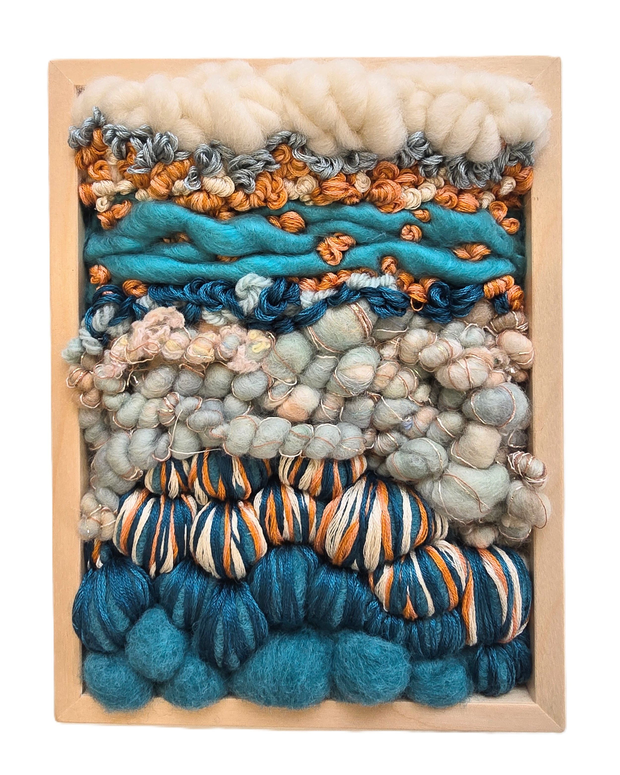 Burley Beach | Needle felted wool, handspun art yarn, wool roving, & embroidery in a solid birch frame with natural finish | 6” x 8” x 2” | 
$175