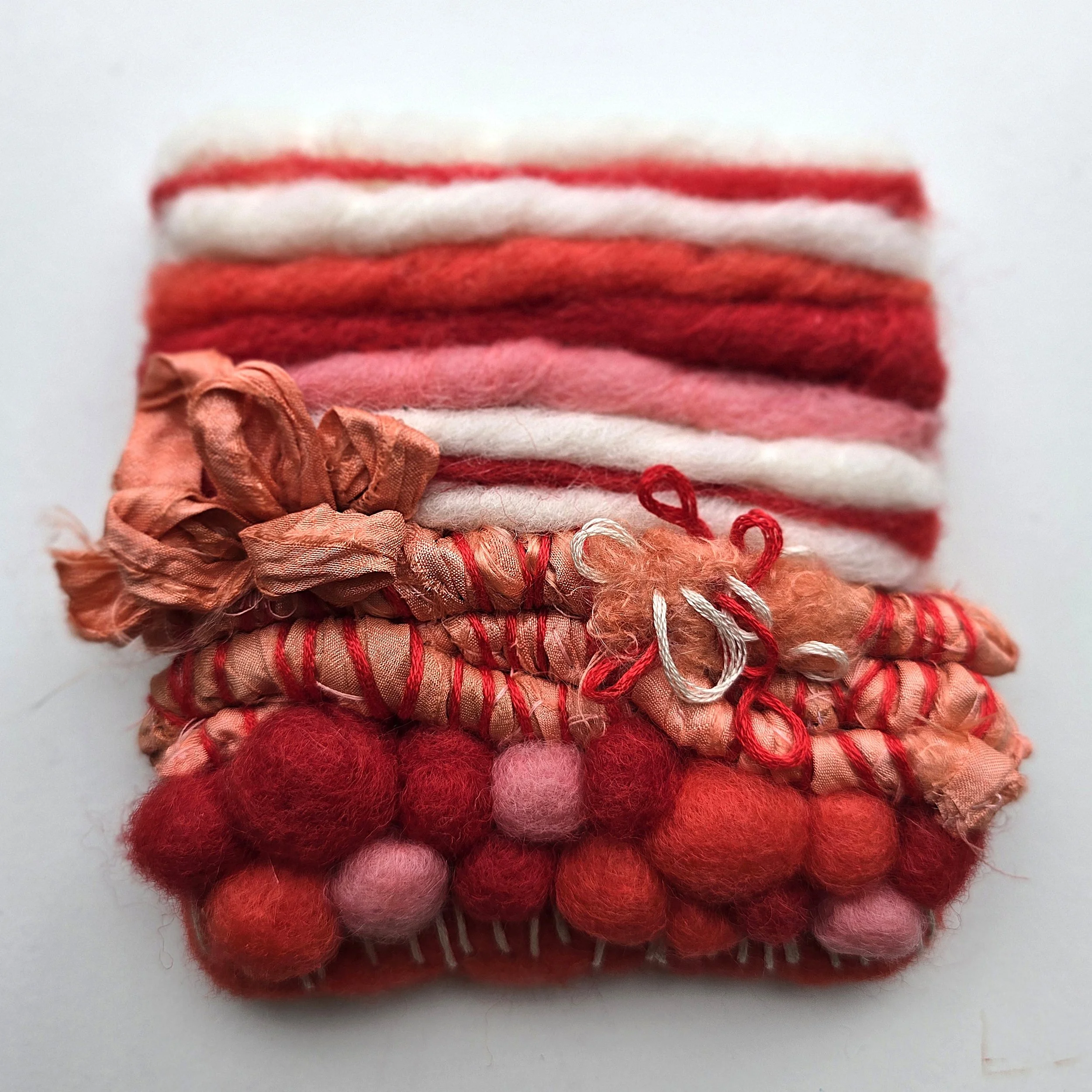Lipstick Sunset III | Needle felted wool, recycled sari silk, & embroidery, mounted on board & ready to hang | 4" x 4" | $20 (CDN) - ON HOLD